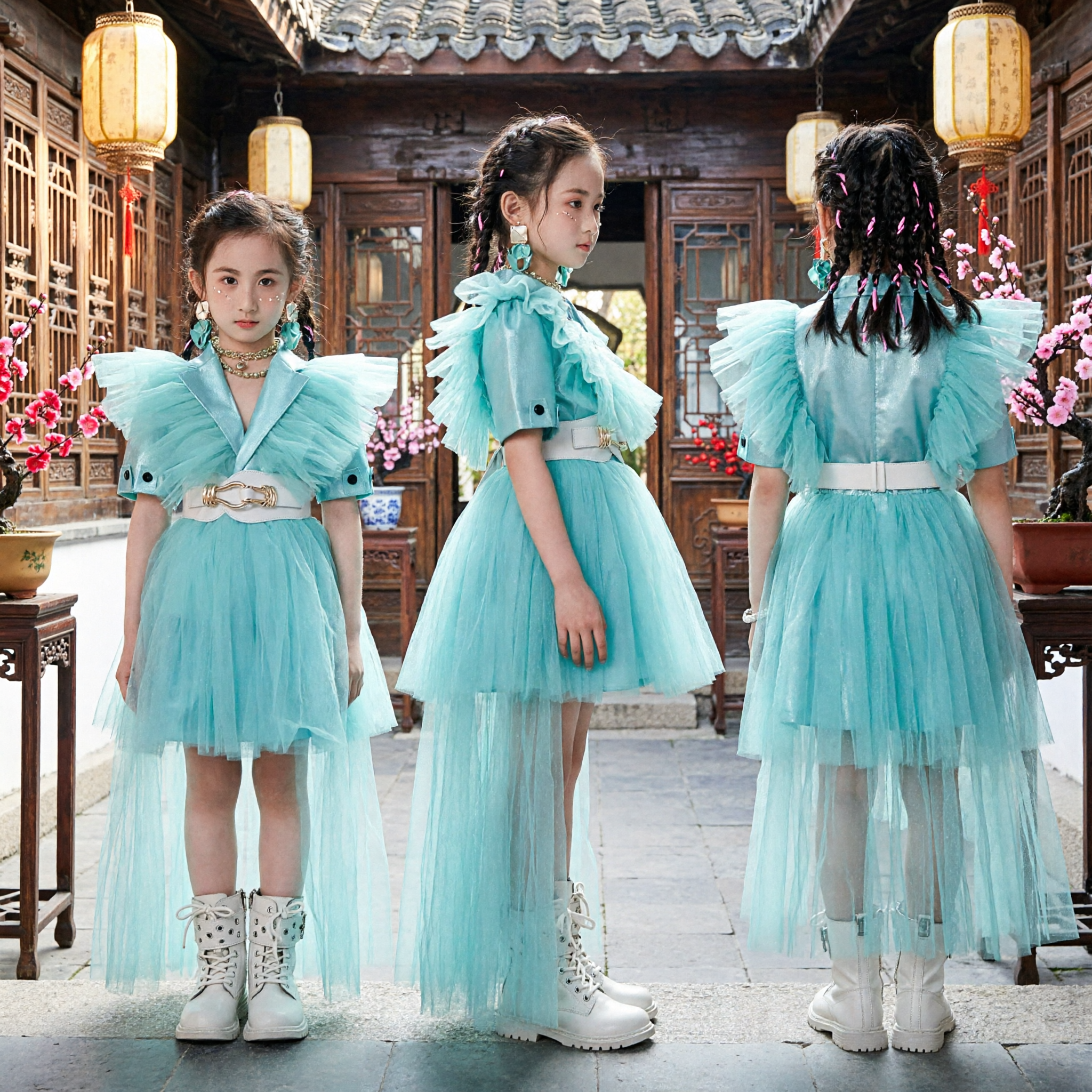 Elegant Light Blue Tulle Blazer Dress for Girls Modern Stage Performance Host Costume Party Wear - Asian Costume