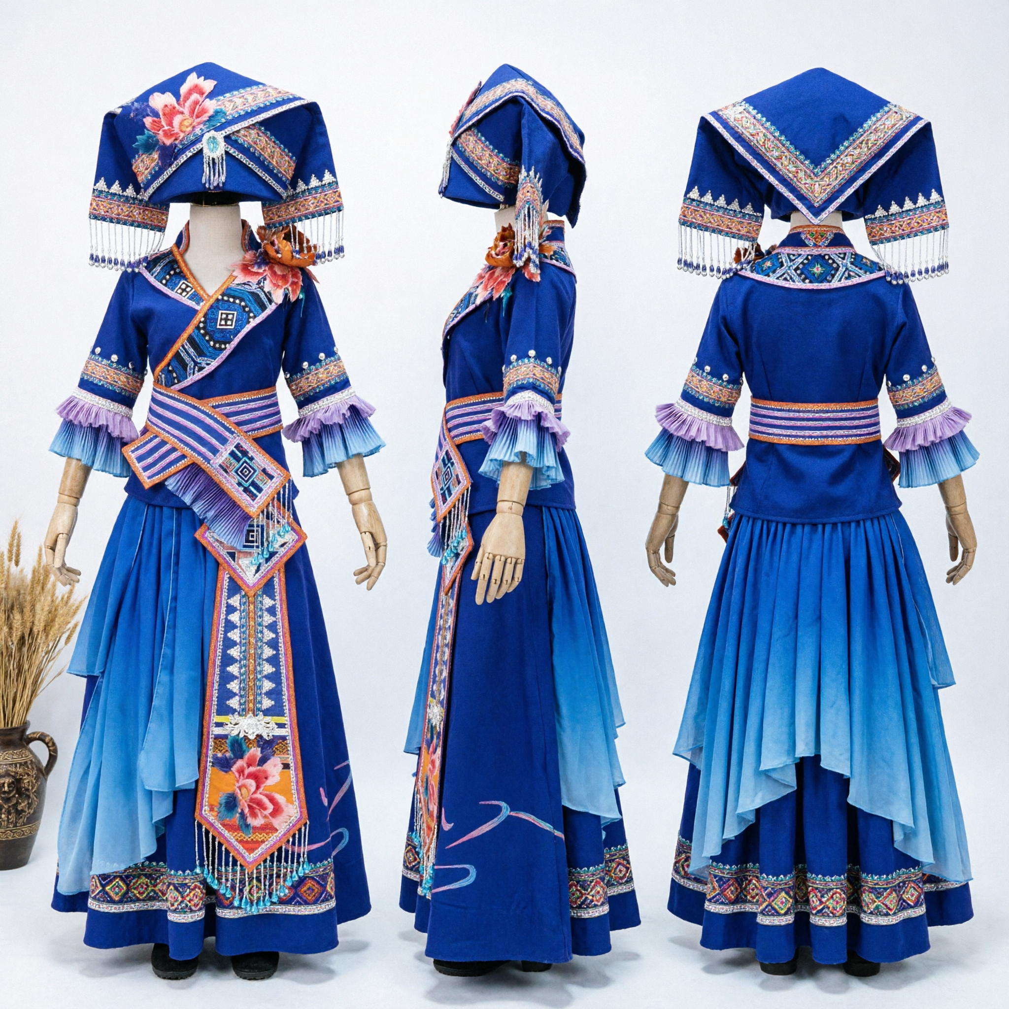 Complete Traditional Chinese Zhuang Nationality Costume Blue Embroidered Dress with Hat for Dance Performance - Asian Costume