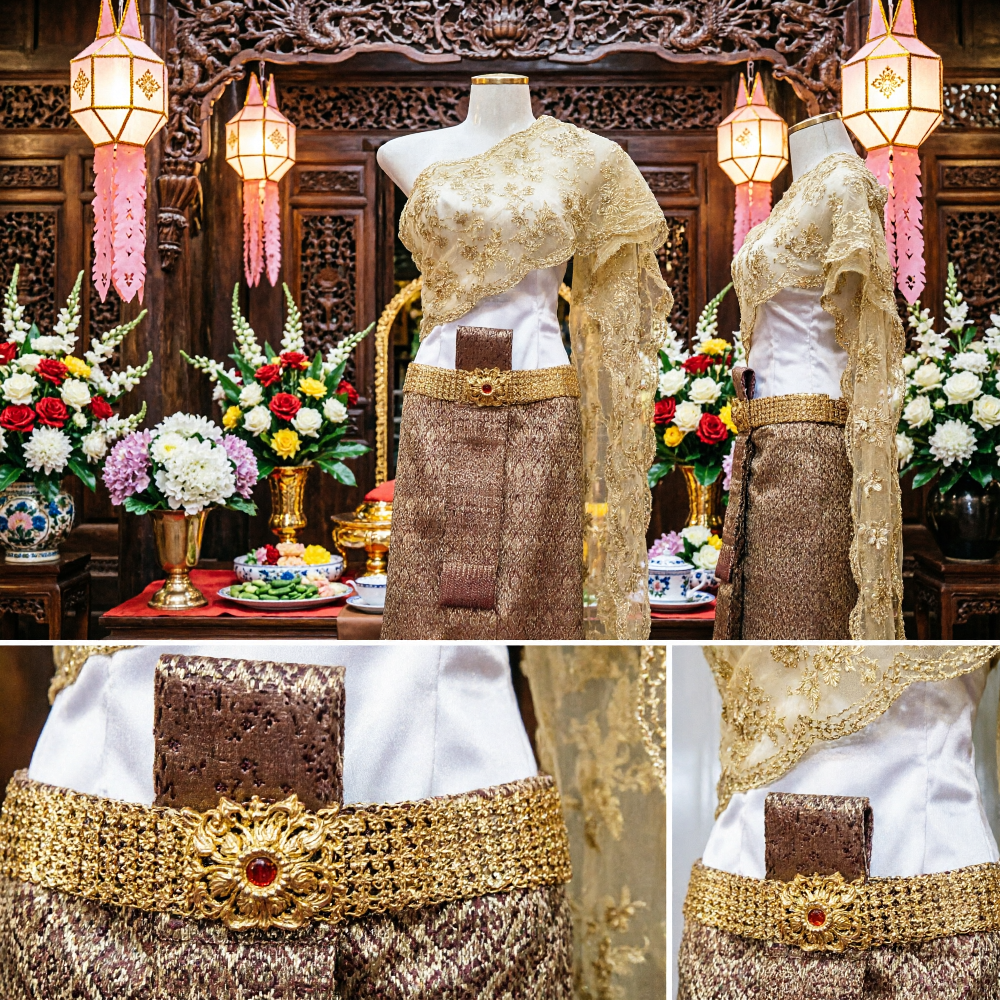 Elegant Traditional Thai Costume for Women Gold Sabai Shawl Brocade Skirt and Belt Set - Asian Costume