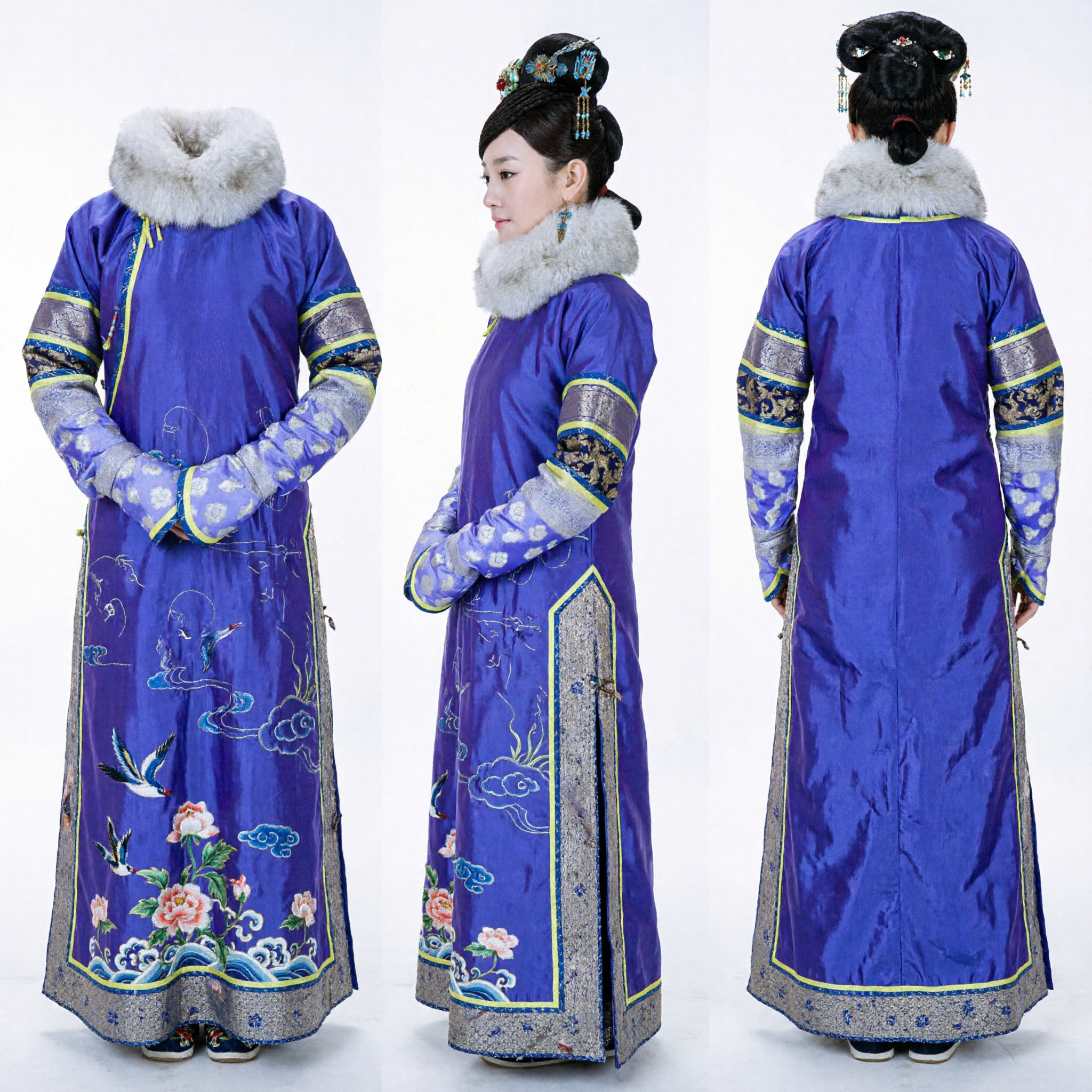 Traditional Chinese Qing Dynasty Manchu Palace Costume Blue Silk Robe with Fur Collar for Women Cosplay - Asian Costume