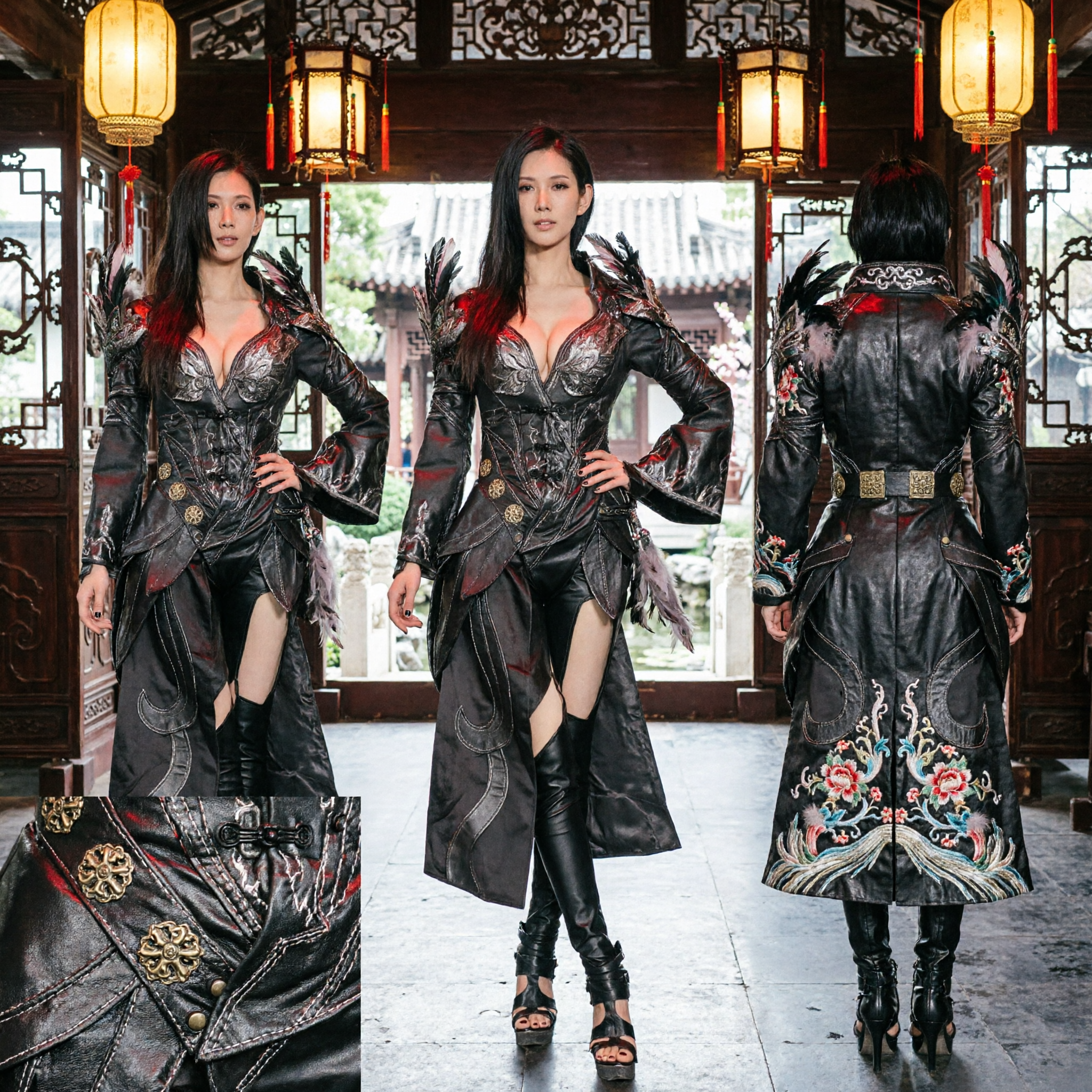 Women's Dramatic Black Leather Fantasy Warrior Costume with Red Accents for Stage Performance Cosplay - Asian Costume
