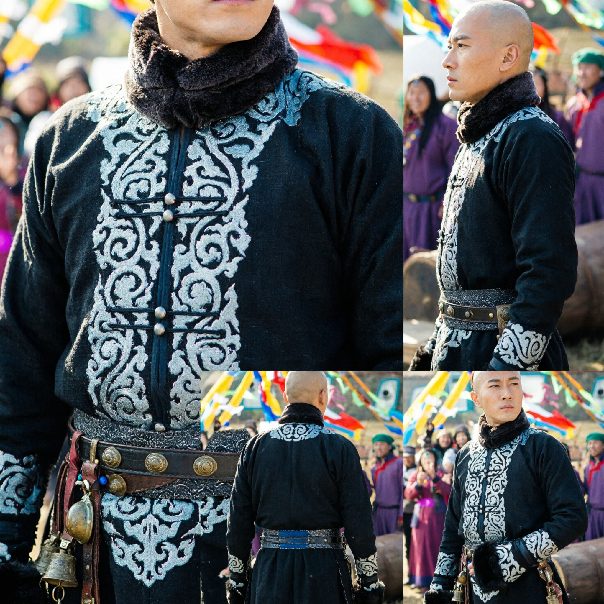 Men's Qing Dynasty Prince Robe Traditional Chinese Black Embroidered Costume with Fur Collar for Cosplay - Asian Costume