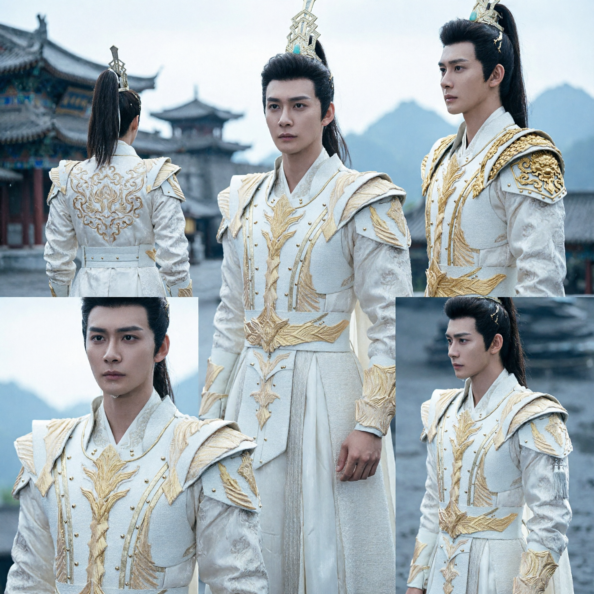 Men's White and Gold Chinese Ancient Prince Warrior Costume Xianxia Cosplay Traditional Hanfu Outfit for Men - Asian Costume