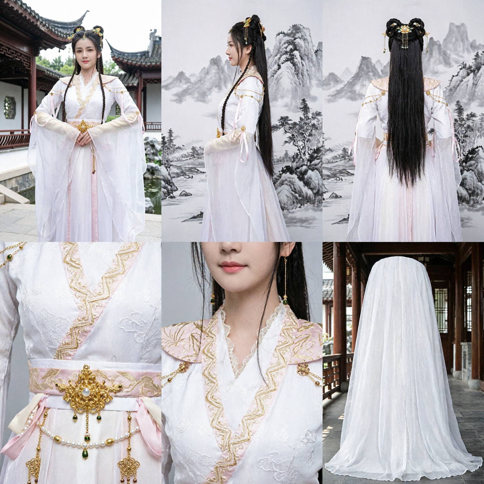 Chinese Ancient Style White Hanfu Dress Traditional Fairy Costume with Gold Embroidery for Women - Asian Costume