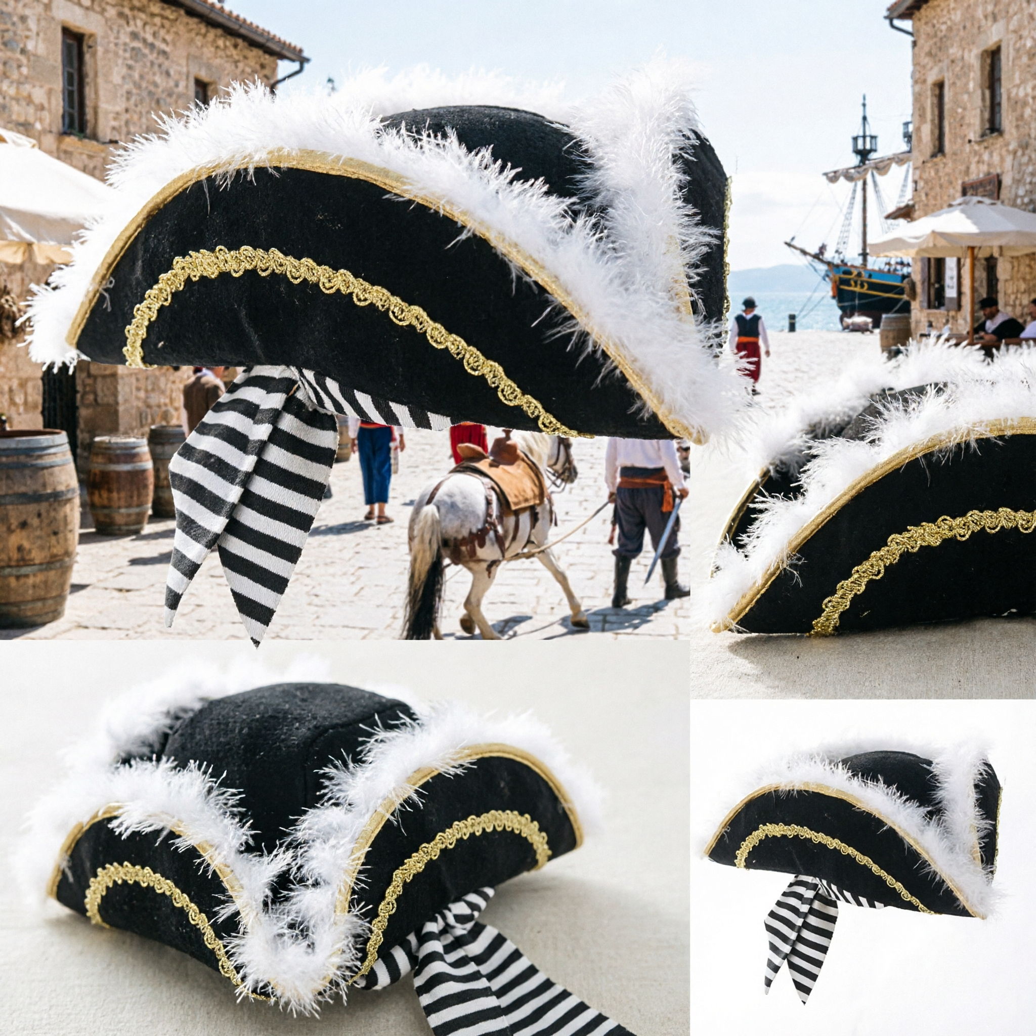 Tricorne colonial noir avec plumes blanches et galon doré pour costume de pirate, mousquetaire et fête costumée - Asian Costume