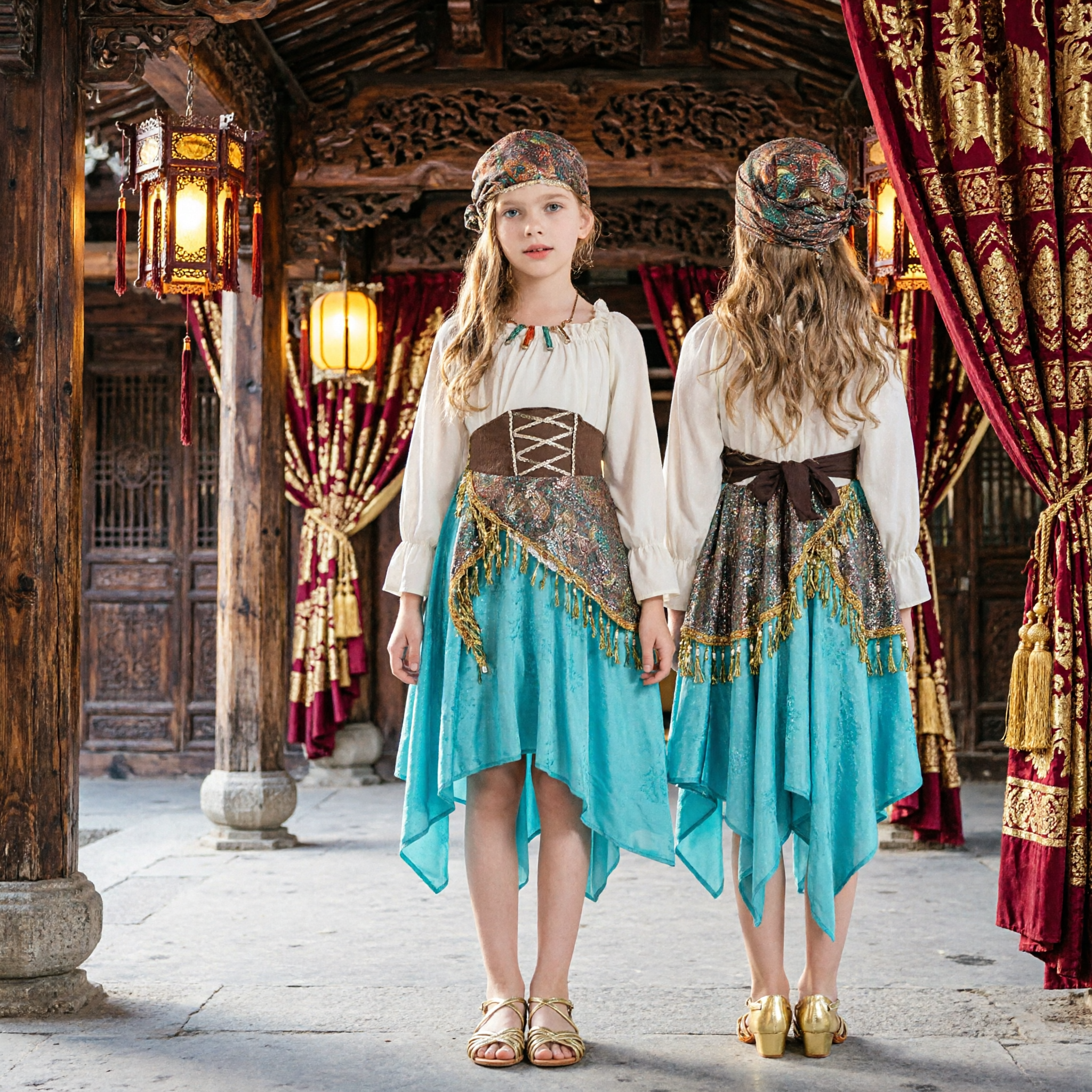 Kids Girls Pirate Princess Costume Set Halloween Gypsy Dancer Cosplay Outfit with Headscarf and Skirt - Asian Costume