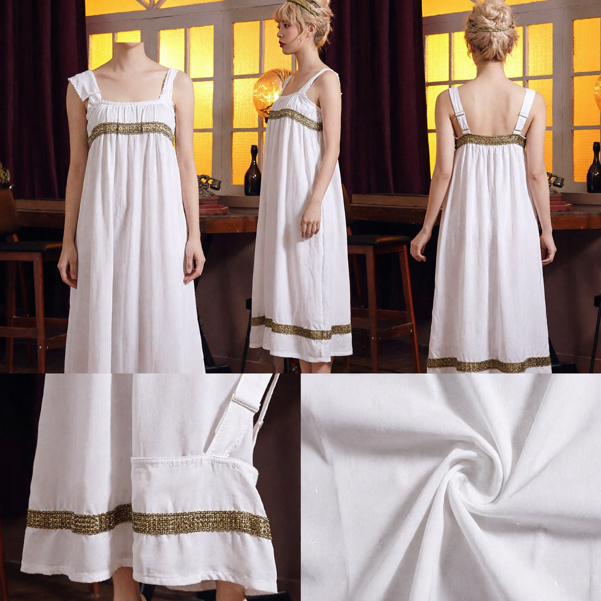 Elegant White Vintage Long Nightgown Classical Cotton Sleepwear Dress with Gold Trim for Women - Asian Costume