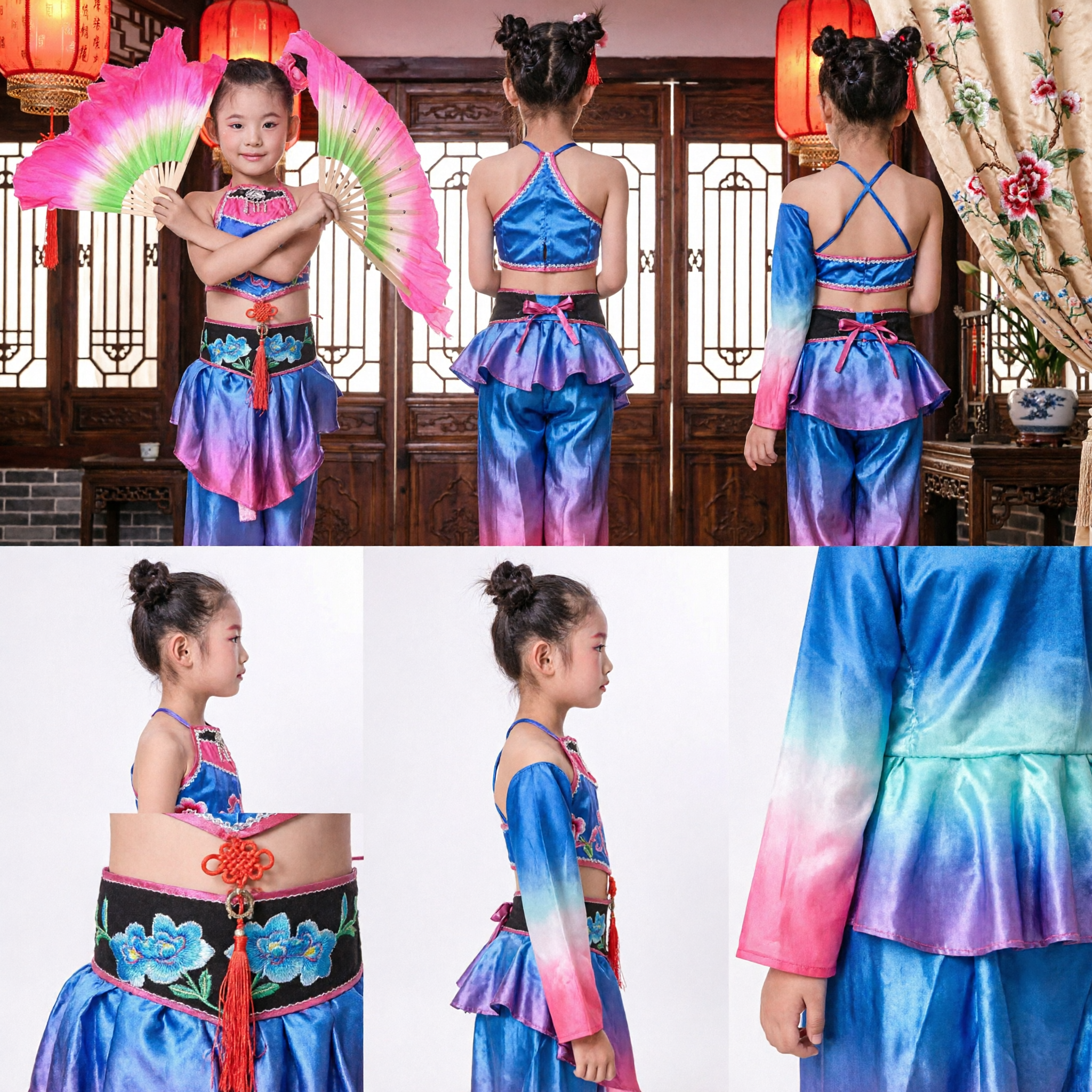 Traditional Chinese Fan Dance Costume for Kids Girls Yangge Folk Dance Stage Performance Dress - Asian Costume