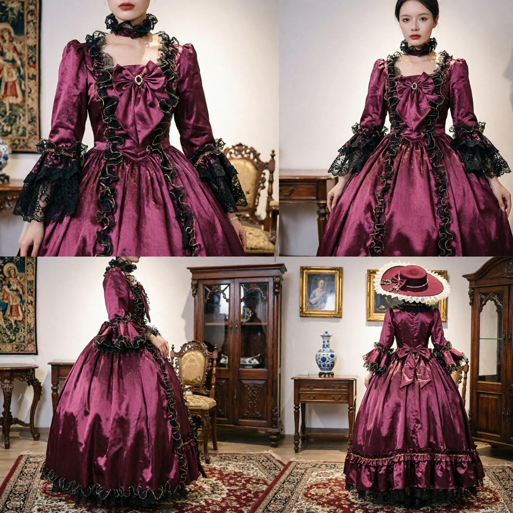Women's Purple Satin Victorian Rococo Ball Gown Marie Antoinette Cosplay Costume for Halloween Party - Asian Costume