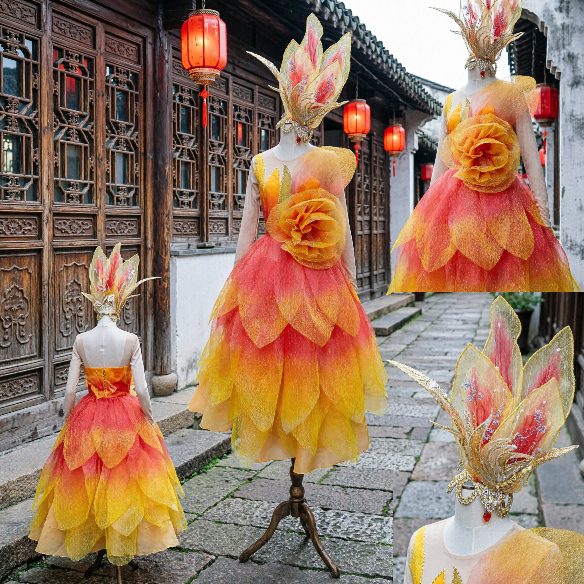 Women's Vibrant Yellow and Orange Flower Stage Performance Costume with Matching Headpiece for Dance Shows - Asian Costume