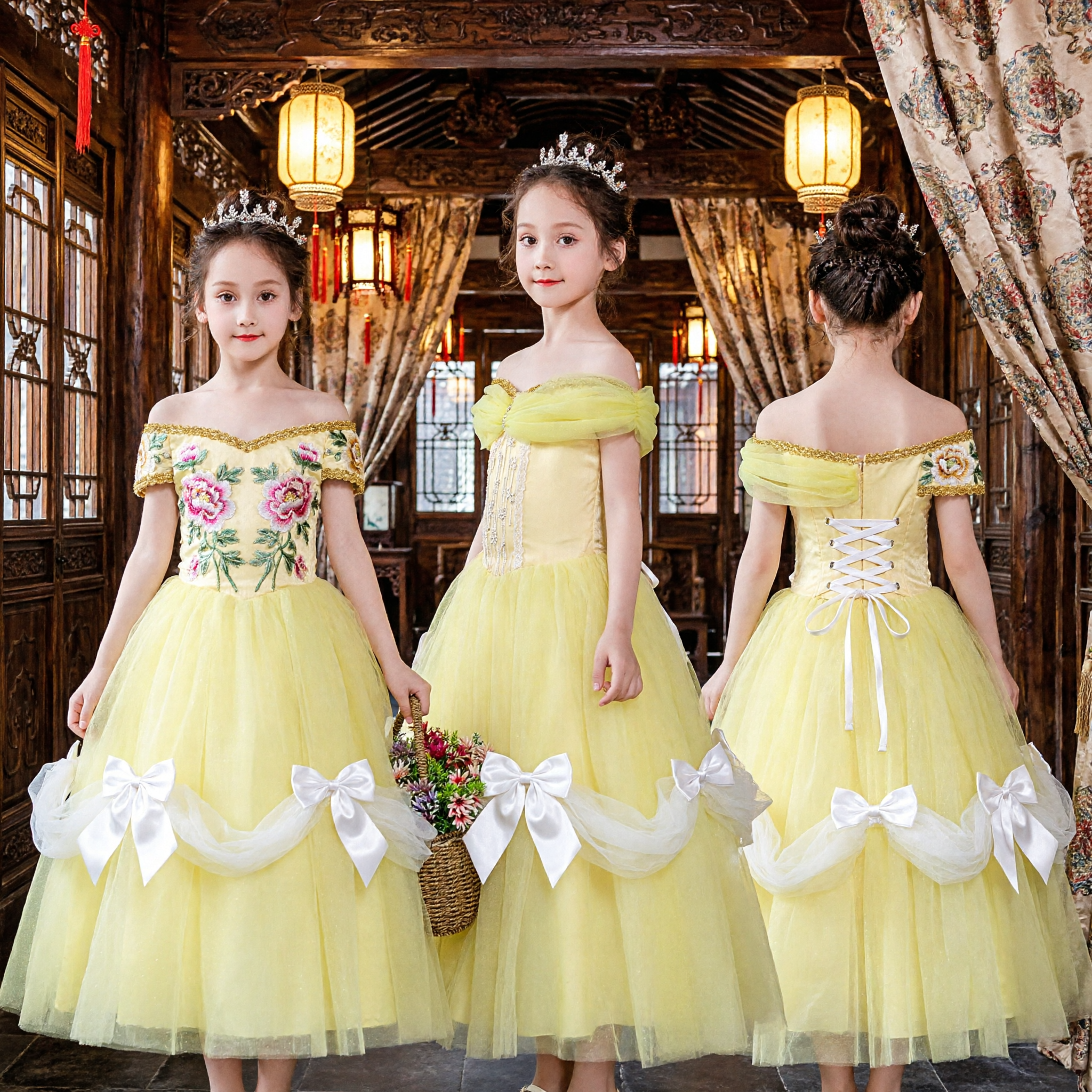 Elegant Yellow Off-Shoulder Princess Ball Gown Dress for Girls Kids Halloween Cosplay Costume Party - Asian Costume