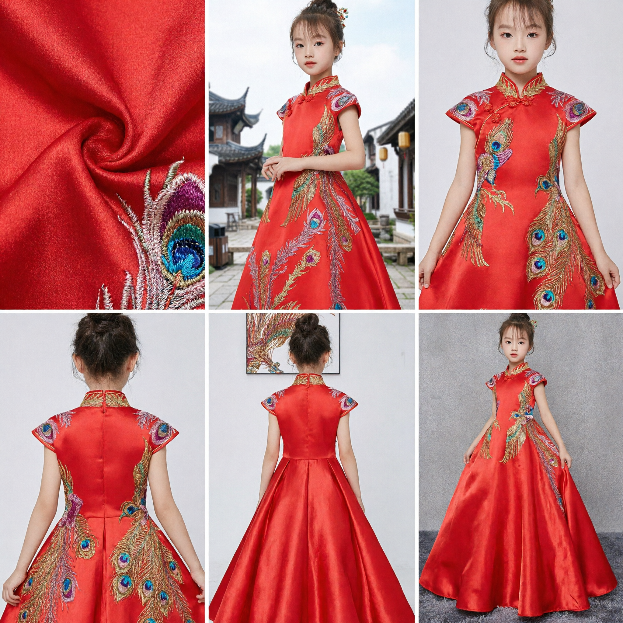 Kids Girls Red Chinese Traditional Phoenix Embroidery Cheongsam Ball Gown for Wedding Party Dress - Asian Costume