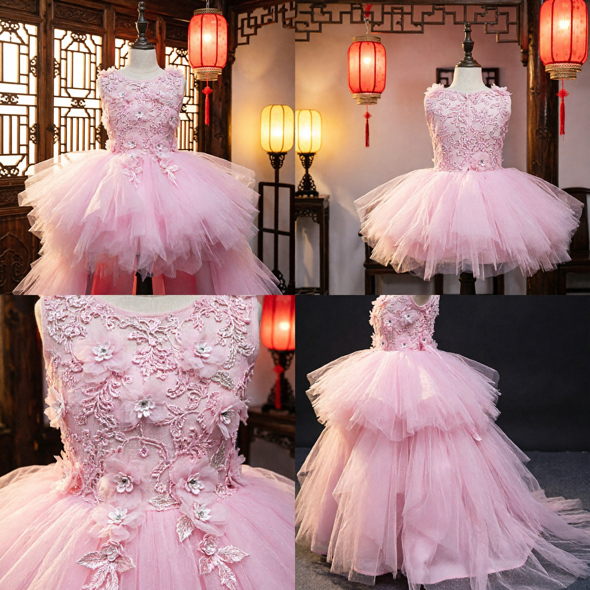 Pink Flower Girl Dress Princess Ballgown Lace Floral Bodice Tulle Skirt Wedding Pageant Gown with Long Train - Asian Costume