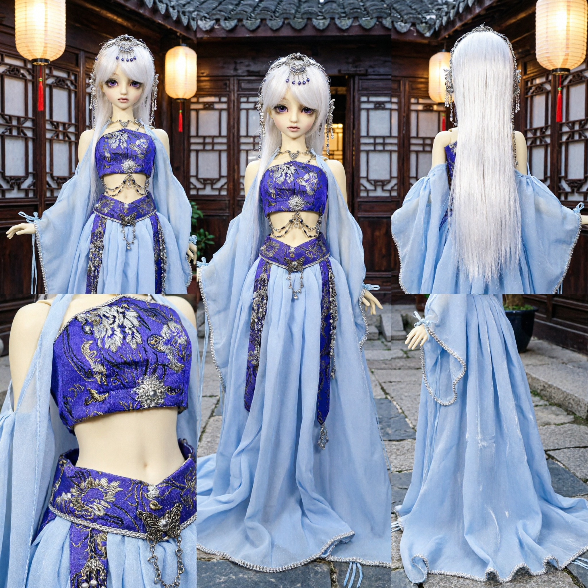 Elegant Blue Fantasy Hanfu Costume Set for 1/3 BJD SD Doll with Sheer Cape and Jewelry Accessories - Asian Costume