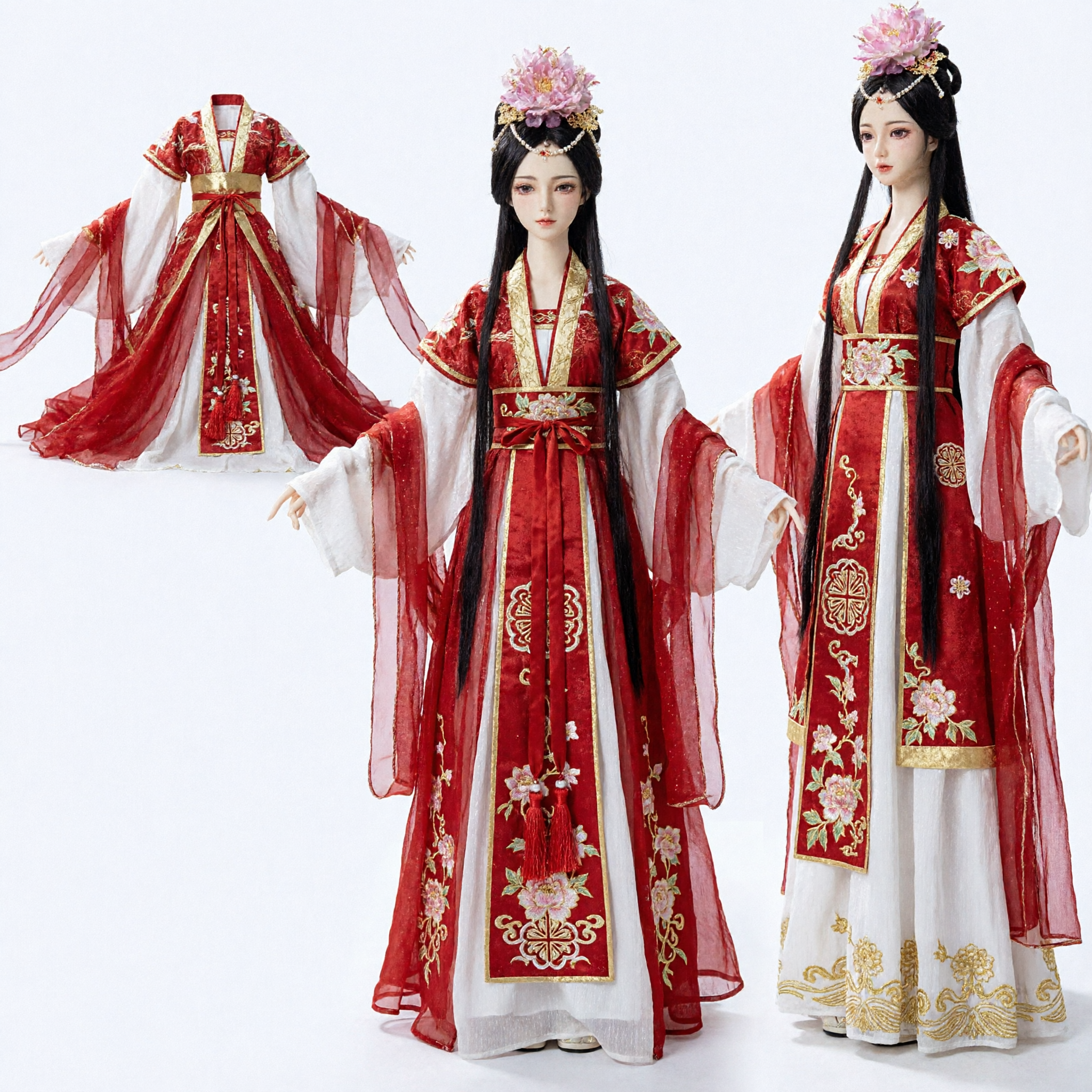 Exquisite Traditional Chinese BJD Doll in Red Hanfu Ancient Costume with Floral Headpiece for Collectors and Gift - Asian Costume