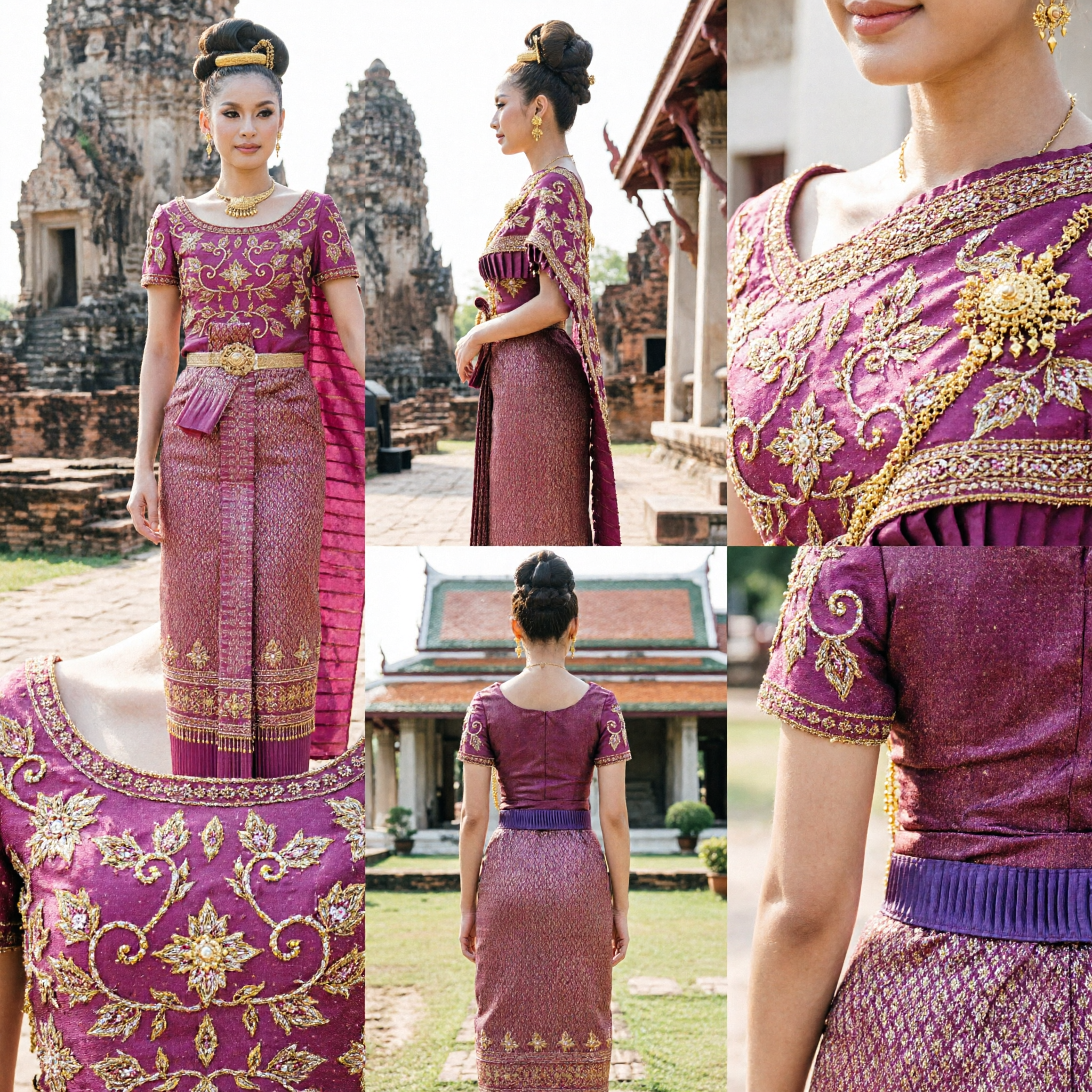Elegant Pink Thai Traditional Silk Dress Chut Thai with Gold Embroidery for Women Formal Ceremonies - Asian Costume