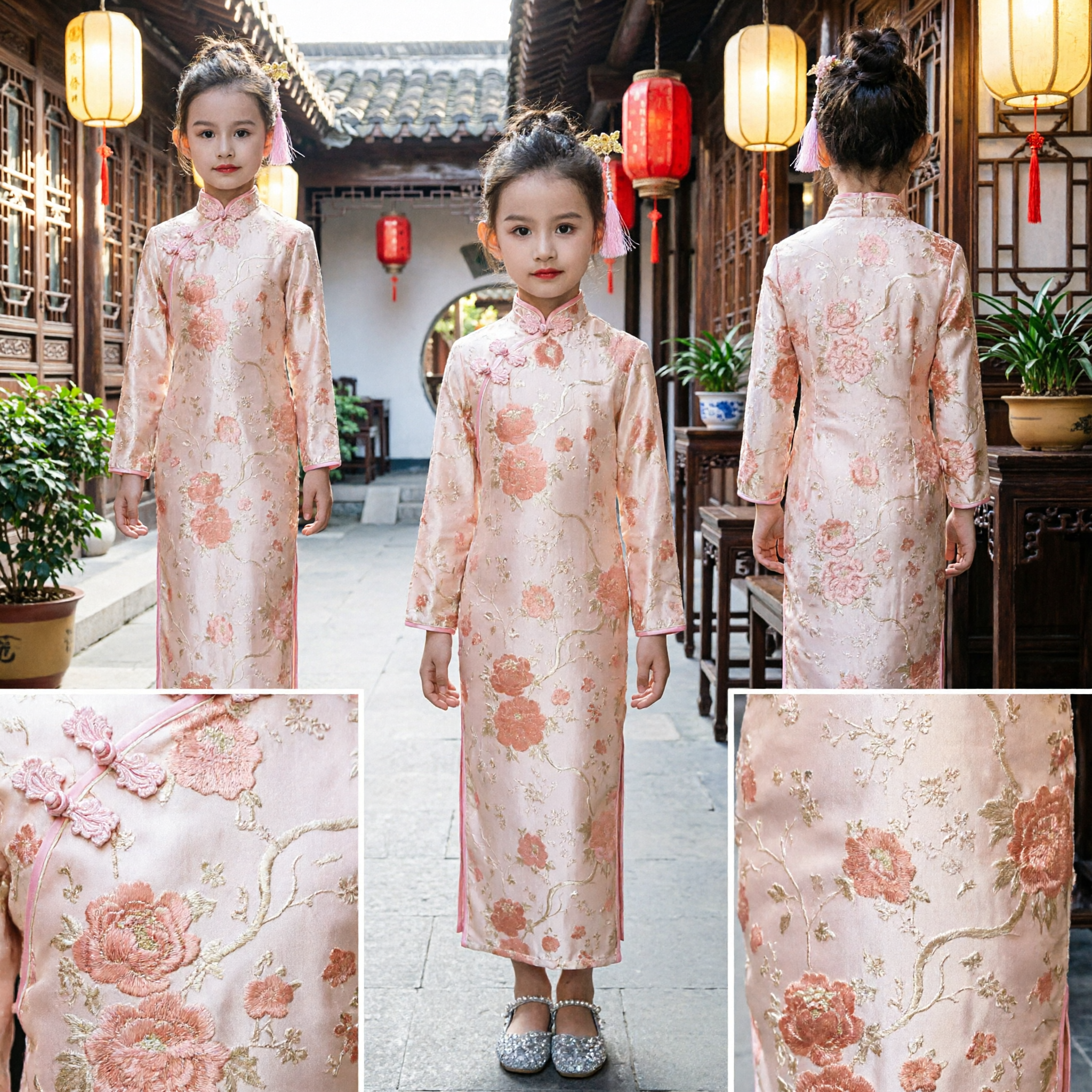 Elegant Kids Girls Floral Cheongsam Dress Traditional Chinese Qipao Long Sleeve Costume for New Year - Asian Costume