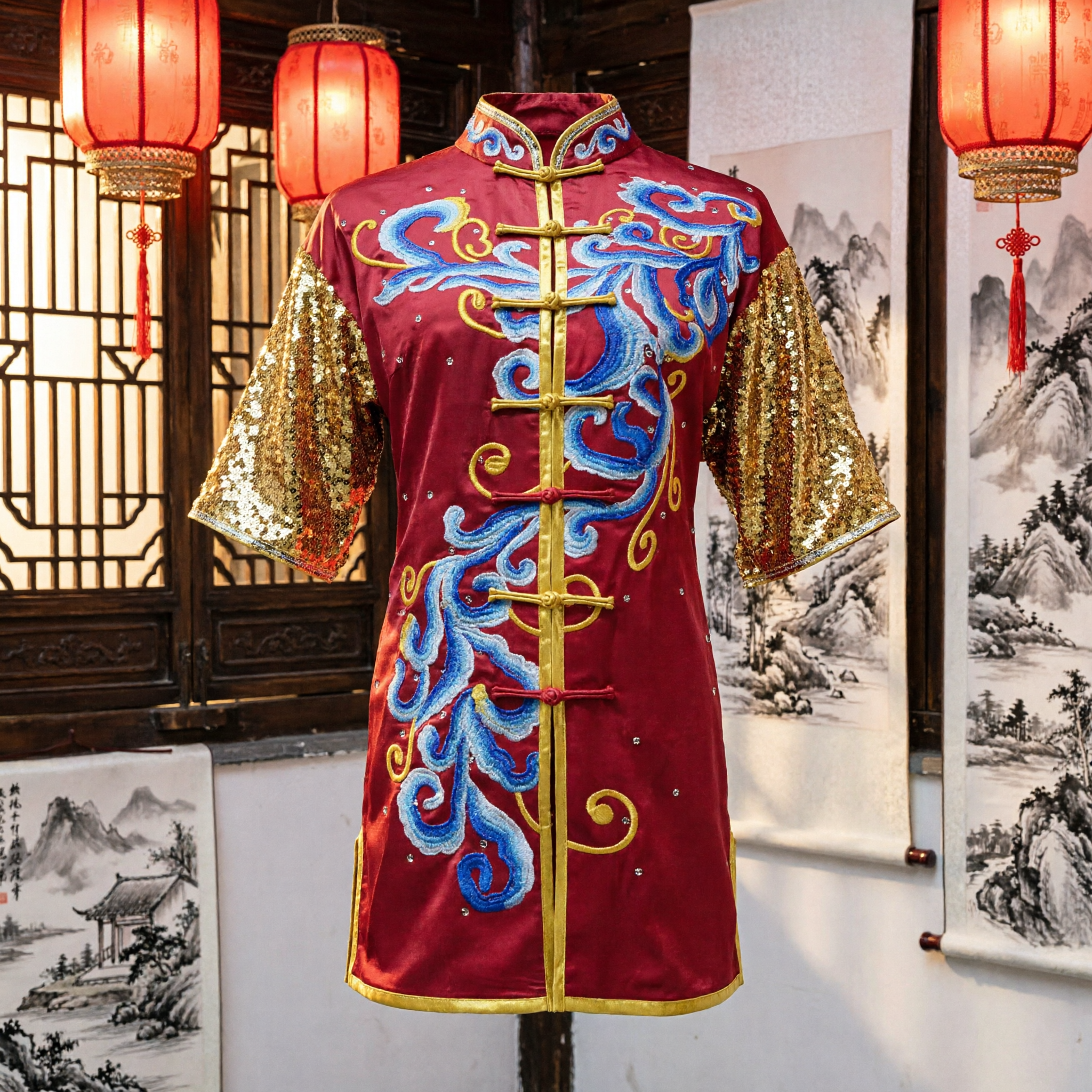 Women's Red Traditional Chinese Kung Fu Uniform Jacket with Gold Sequin Sleeves for Stage Performance - Asian Costume