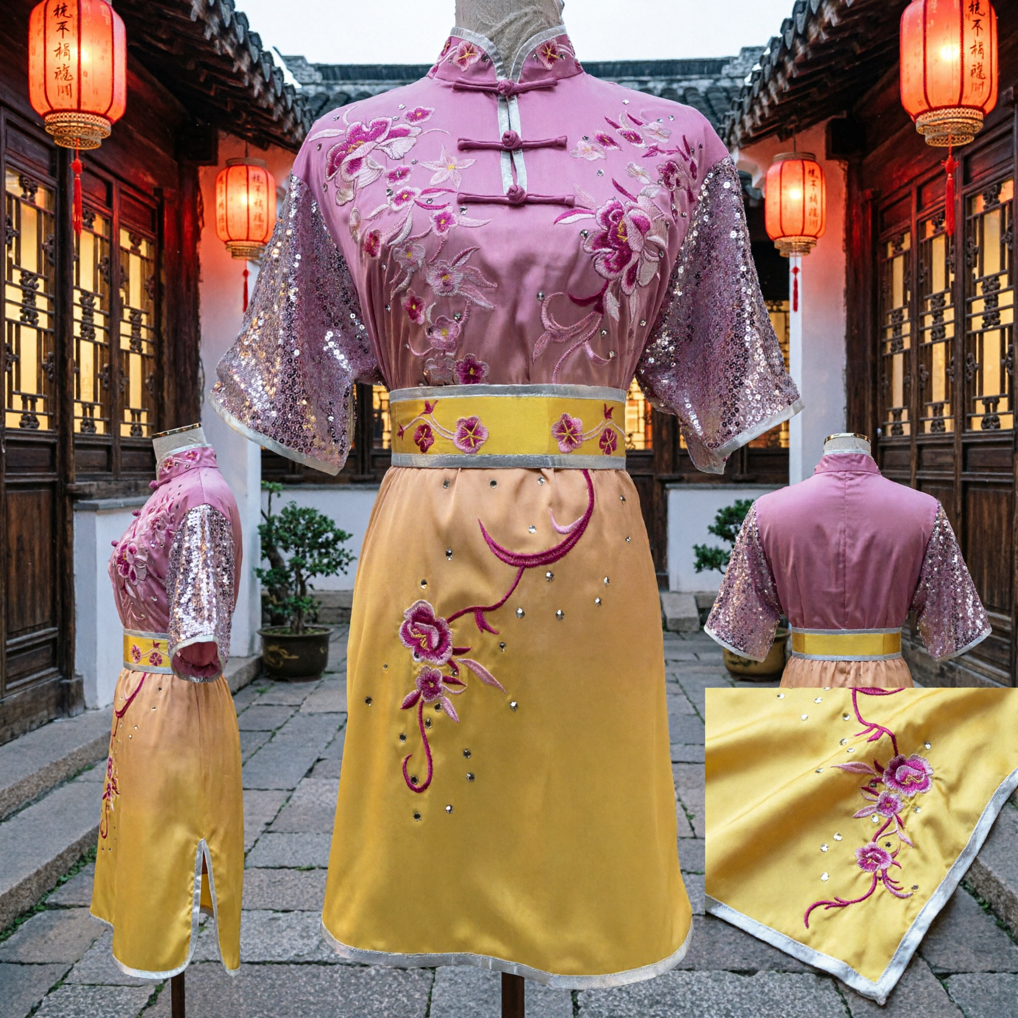Traditional Chinese Fan Dance Costume Pink Floral Embroidery Top with Sequin Sleeves and Yellow Skirt - Asian Costume