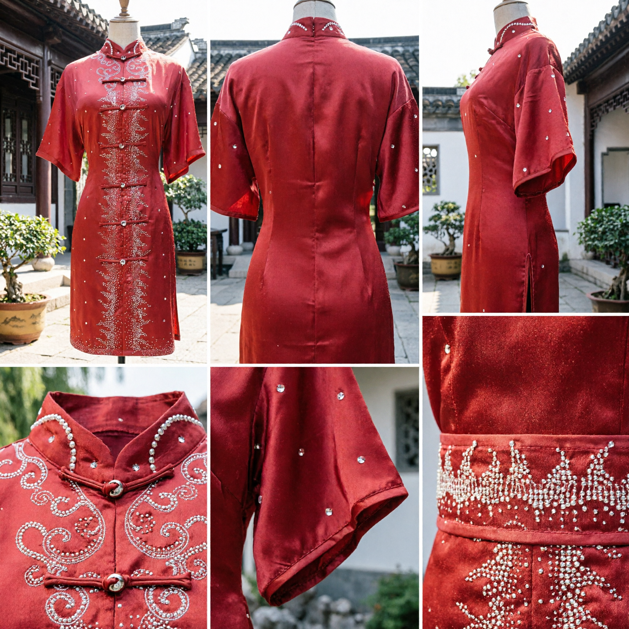 Traditional Chinese Red Wushu Kung Fu Uniform Martial Arts Performance Costume with Sparkling Rhinestone Dragon Motif - Asian Costume