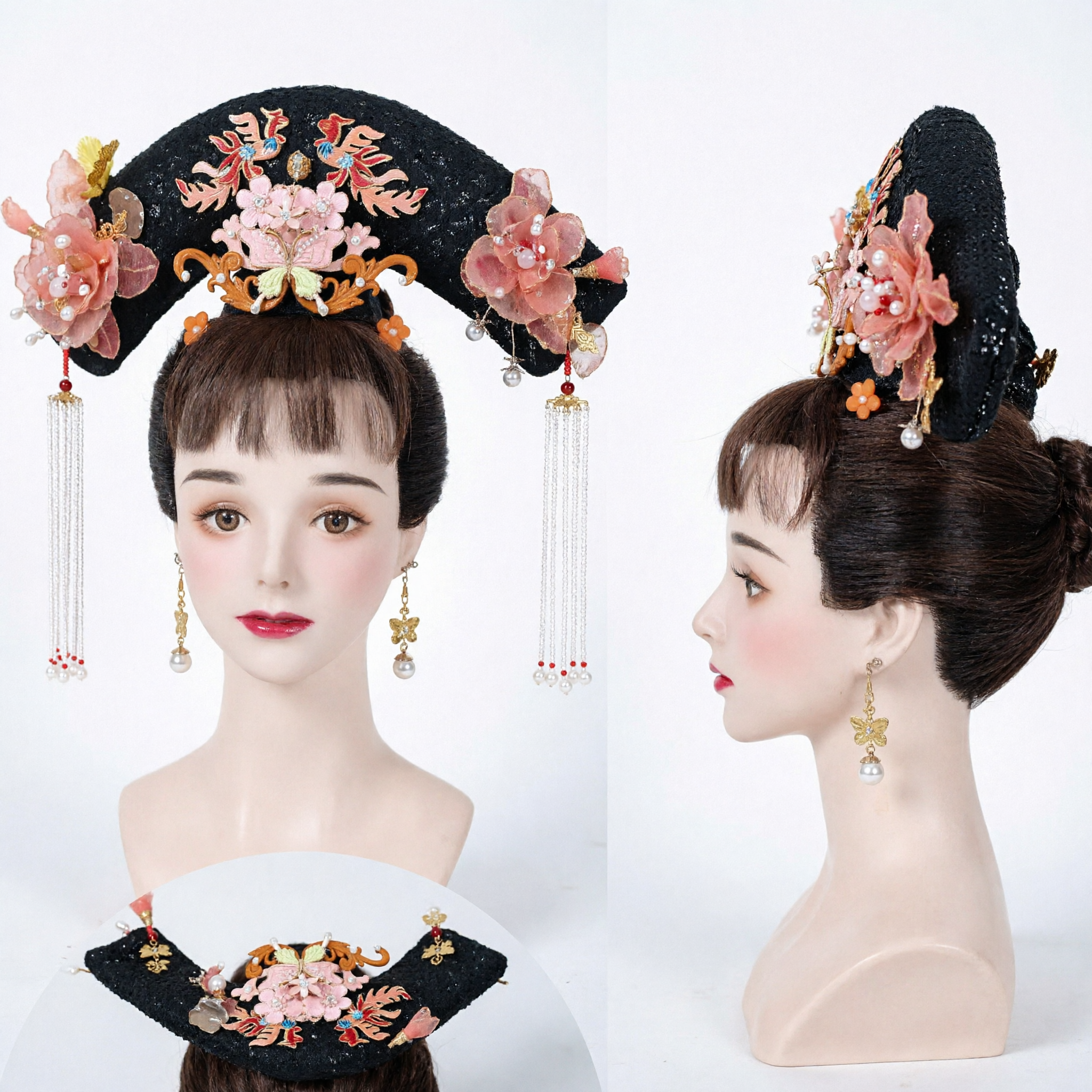 Traditional Chinese Qing Dynasty Manchu Empress Headdress Pink Floral Phoenix Hairpin Headpiece for Hanfu Cosplay - Asian Costume