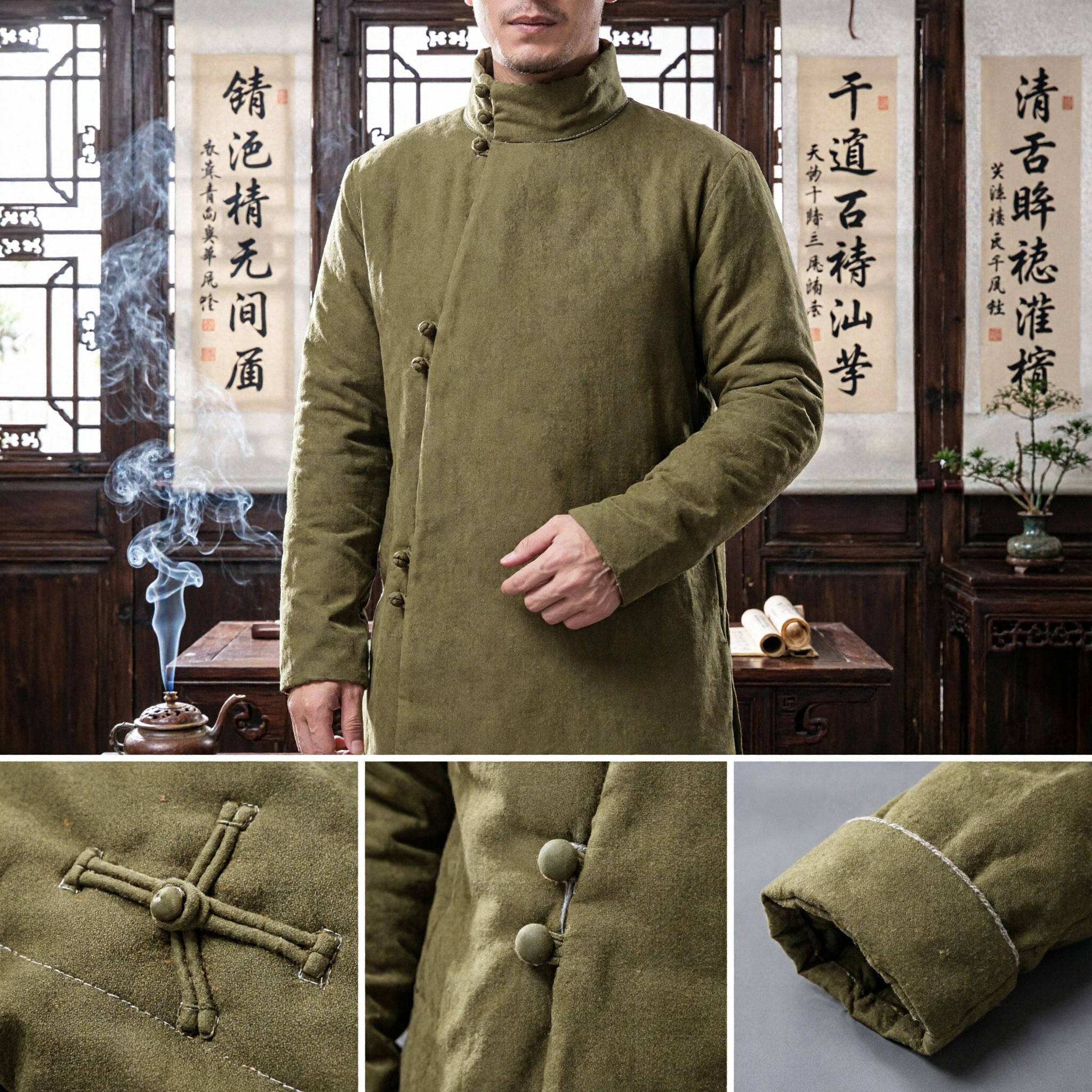 Men's Traditional Chinese Tang Suit Jacket Olive Green Mandarin Collar Cotton Coat Kung Fu Outfit for Autumn Winter - Asian Costume