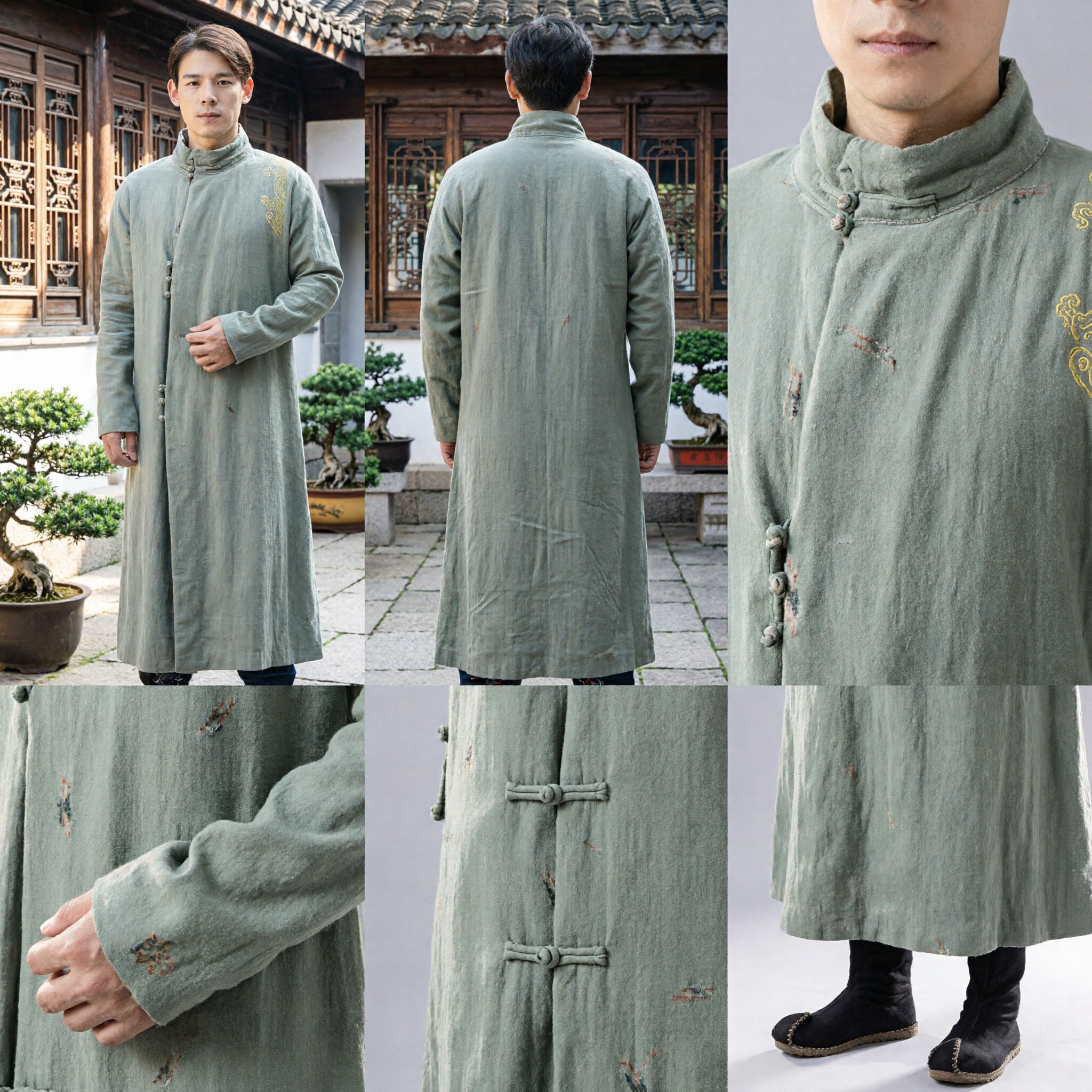 Men's Traditional Chinese Changshan Robe Green Linen Mandarin Collar Kung Fu Costume for Tea Ceremony Performance - Asian Costume