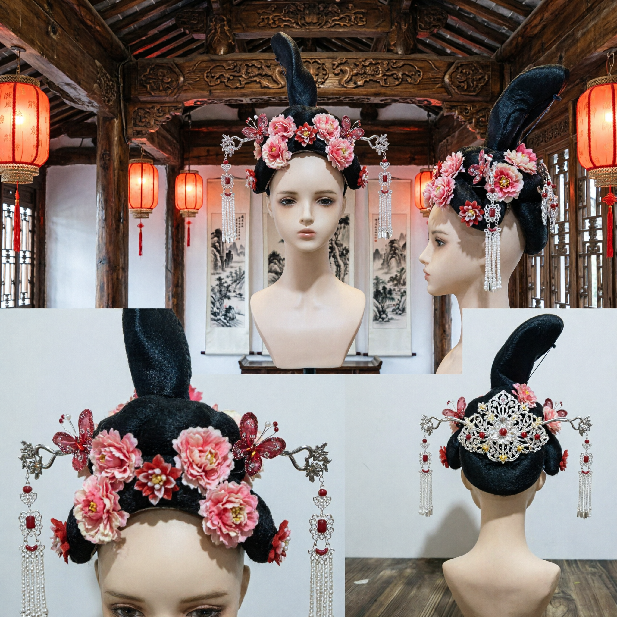 Traditional Chinese Qing Dynasty Manchu Princess Headpiece Wig with Pink Peonies and Silver Tassels for Cosplay - Asian Costume