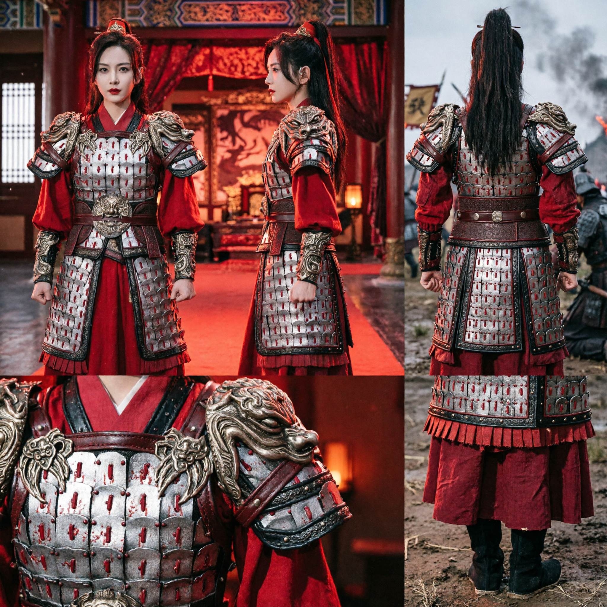 Red Ancient Chinese Female General Armor Costume Traditional Warrior Hanfu Outfit for Cosplay Stage Performance - Asian Costume