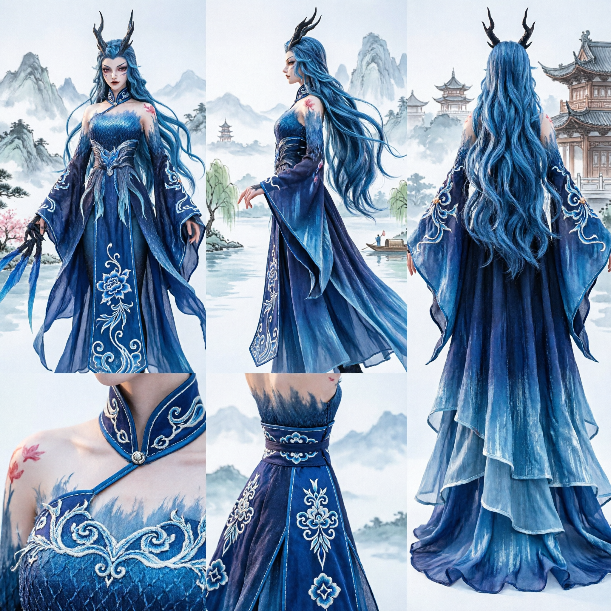 Blue Dragon Queen Cosplay Costume Chinese Mythology Fantasy Dress for Women Halloween Party - Asian Costume