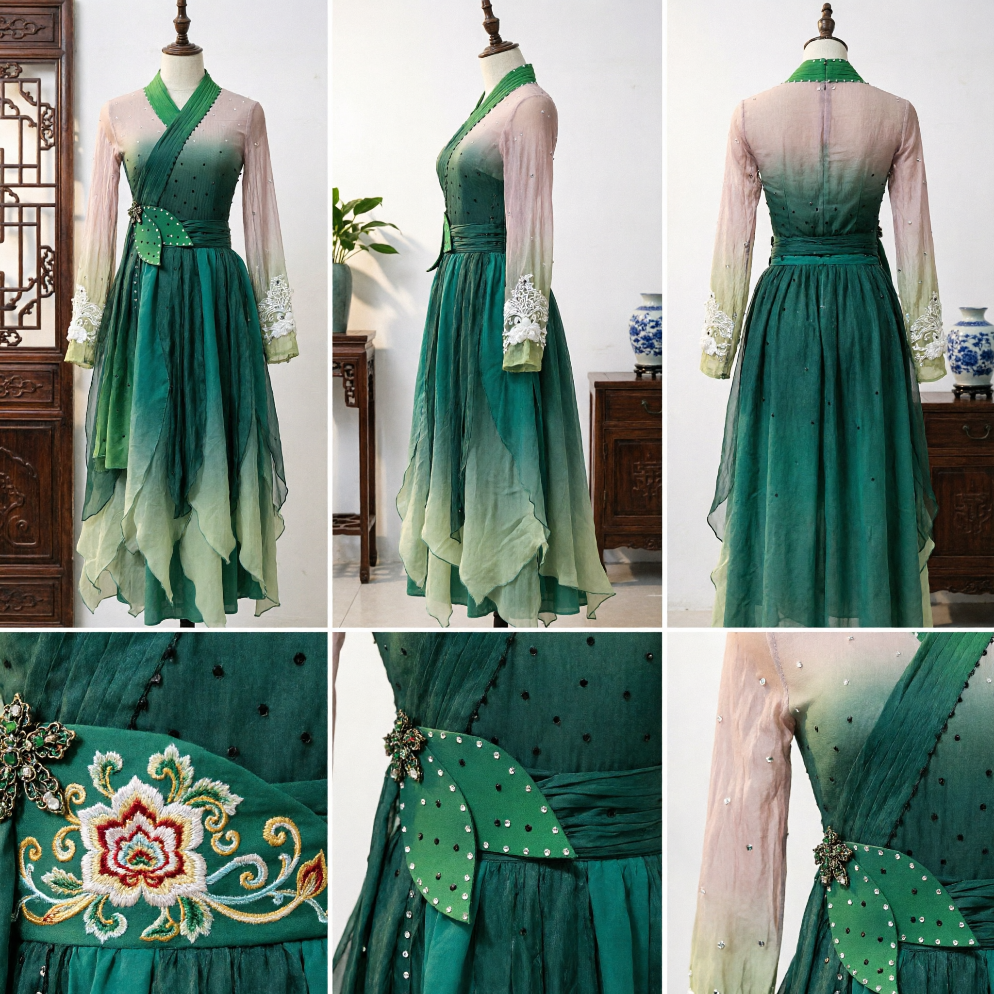 Elegant Green Gradient Chinese Folk Dance Costume Long Dress for Women Stage Performance and Competition - Asian Costume
