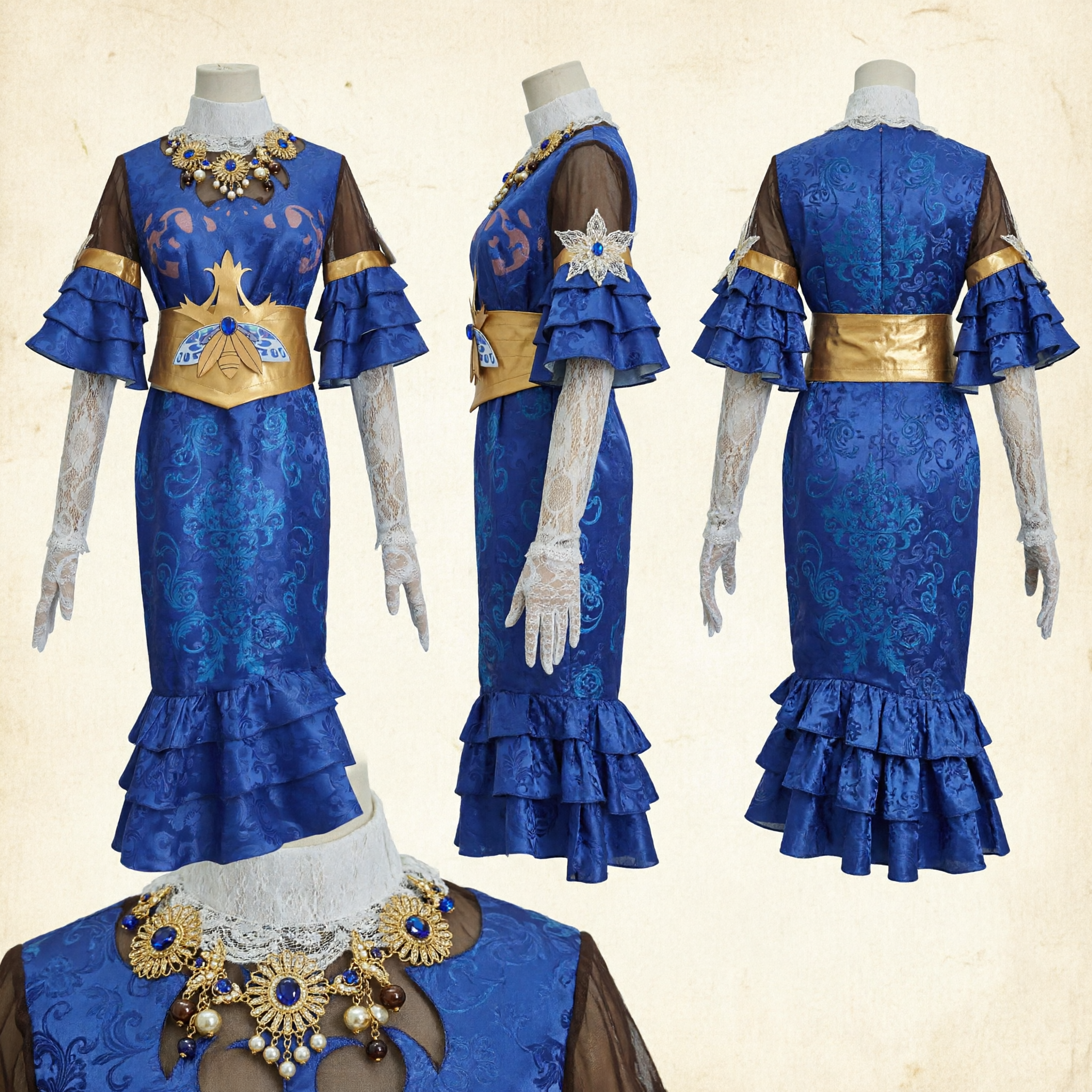 Royal Blue Victorian Steampunk Cosplay Dress with Gold Bee Belt and White Lace Gloves for Women - Asian Costume