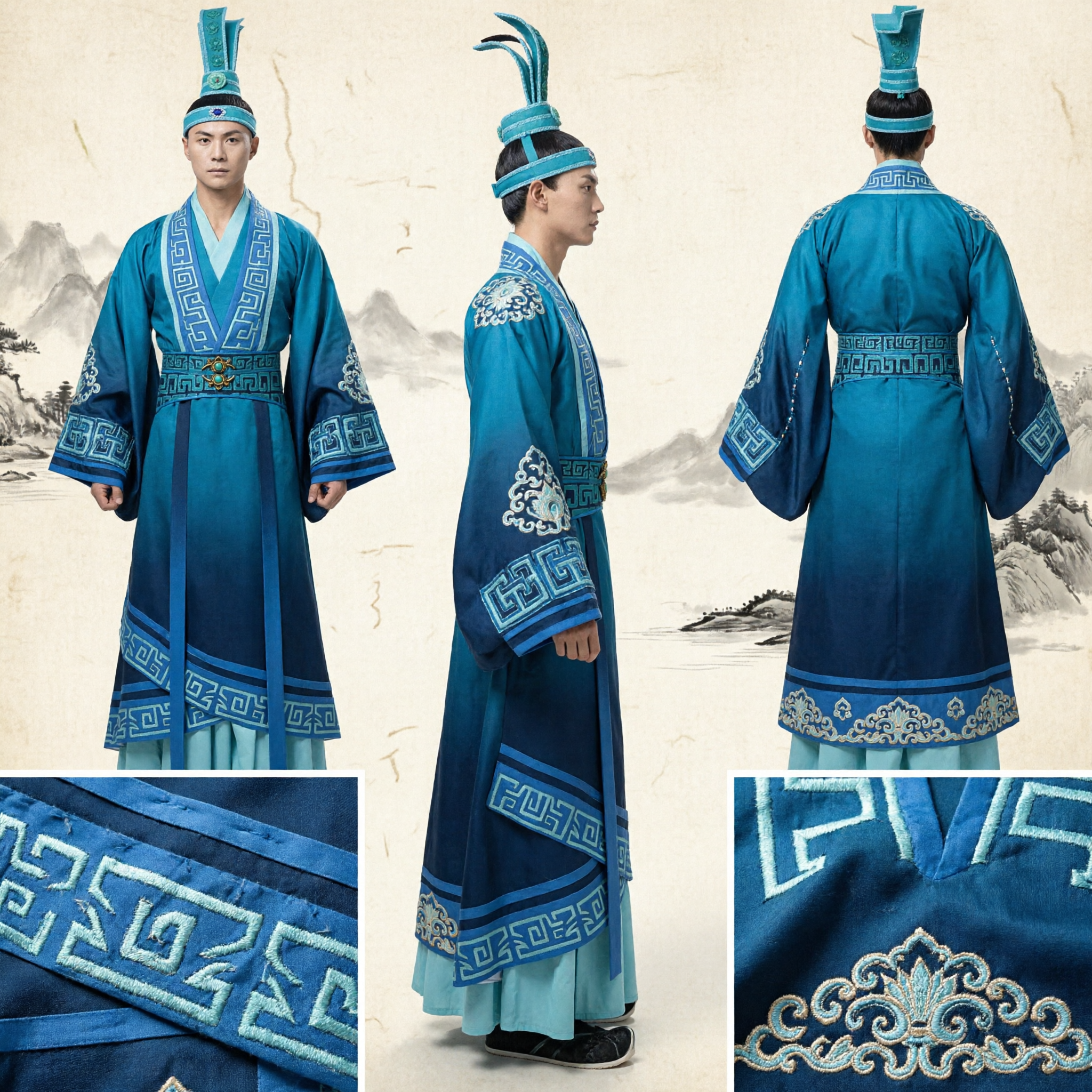 Men's Ancient Chinese Blue Scholar Hanfu Costume Traditional Dance Performance Outfit with Embroidered Robe and Hat - Asian Costume