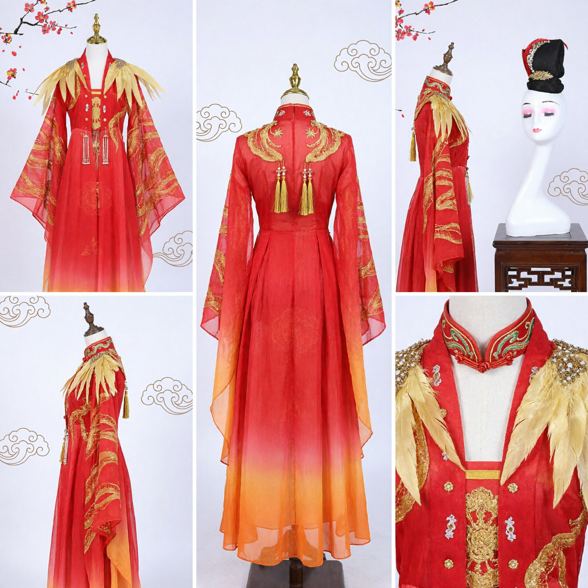 Chinese Traditional Ancient Princess Costume Red Gold Phoenix Robe with Headpiece for Women Stage Performance - Asian Costume