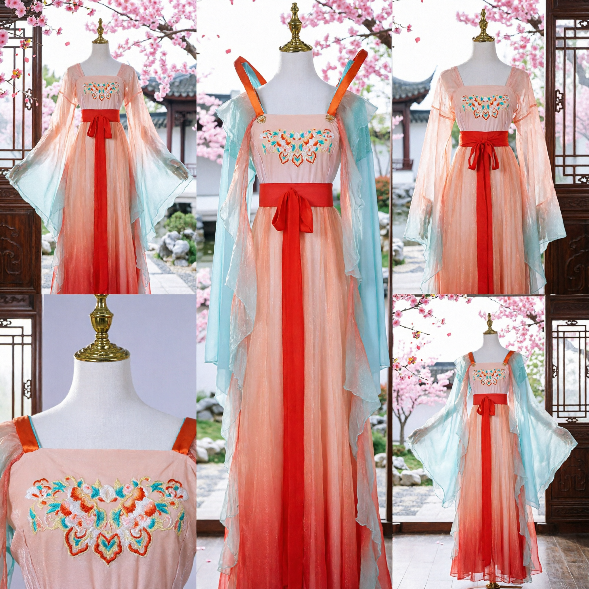 Chinese Traditional Hanfu Tang Dynasty Palace Lady Costume Gradient Pink Orange Dress for Women Cosplay Performance - Asian Costume