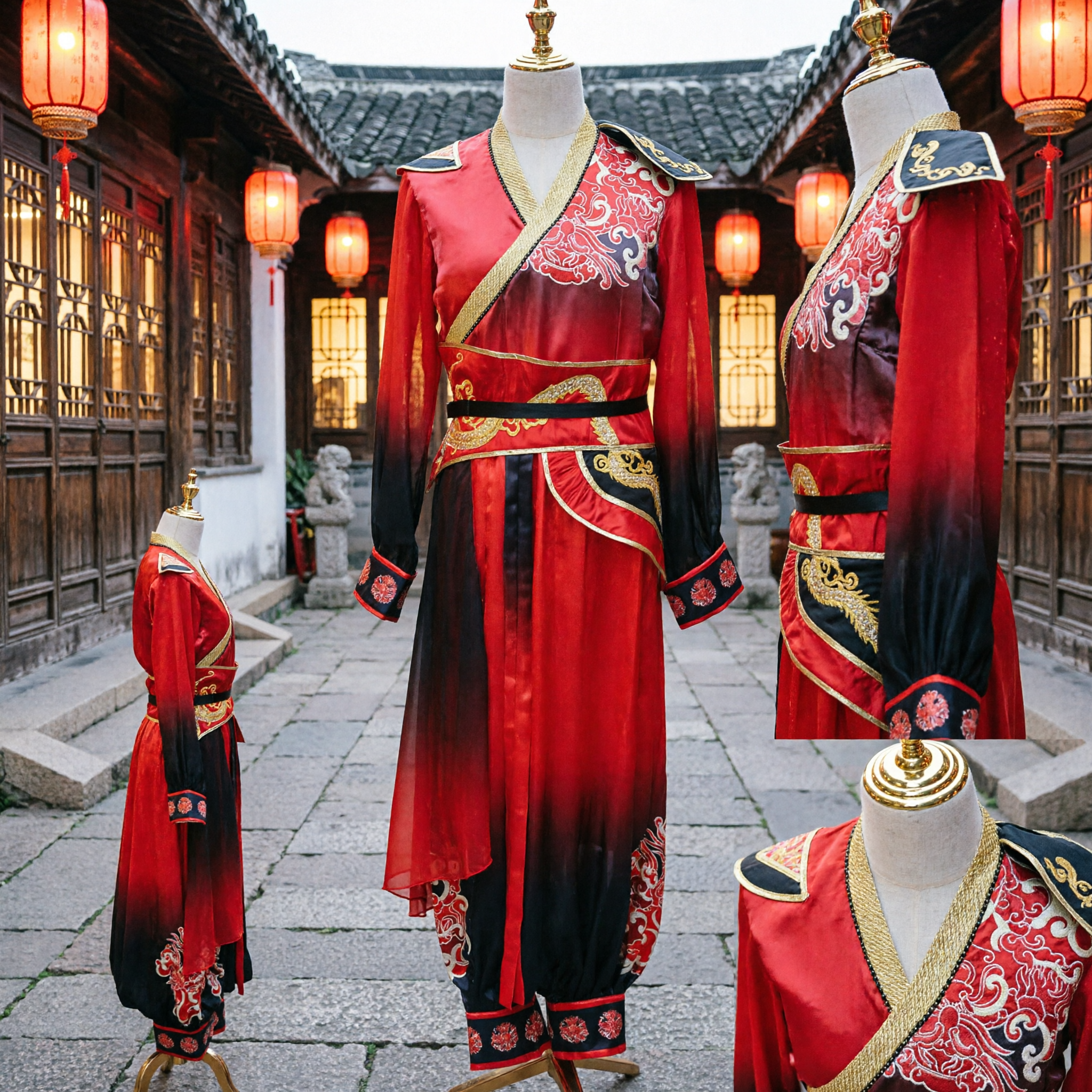 Traditional Chinese Red Ancient General Hanfu Costume Men Dragon Embroidery Warrior Performance Outfit - Asian Costume