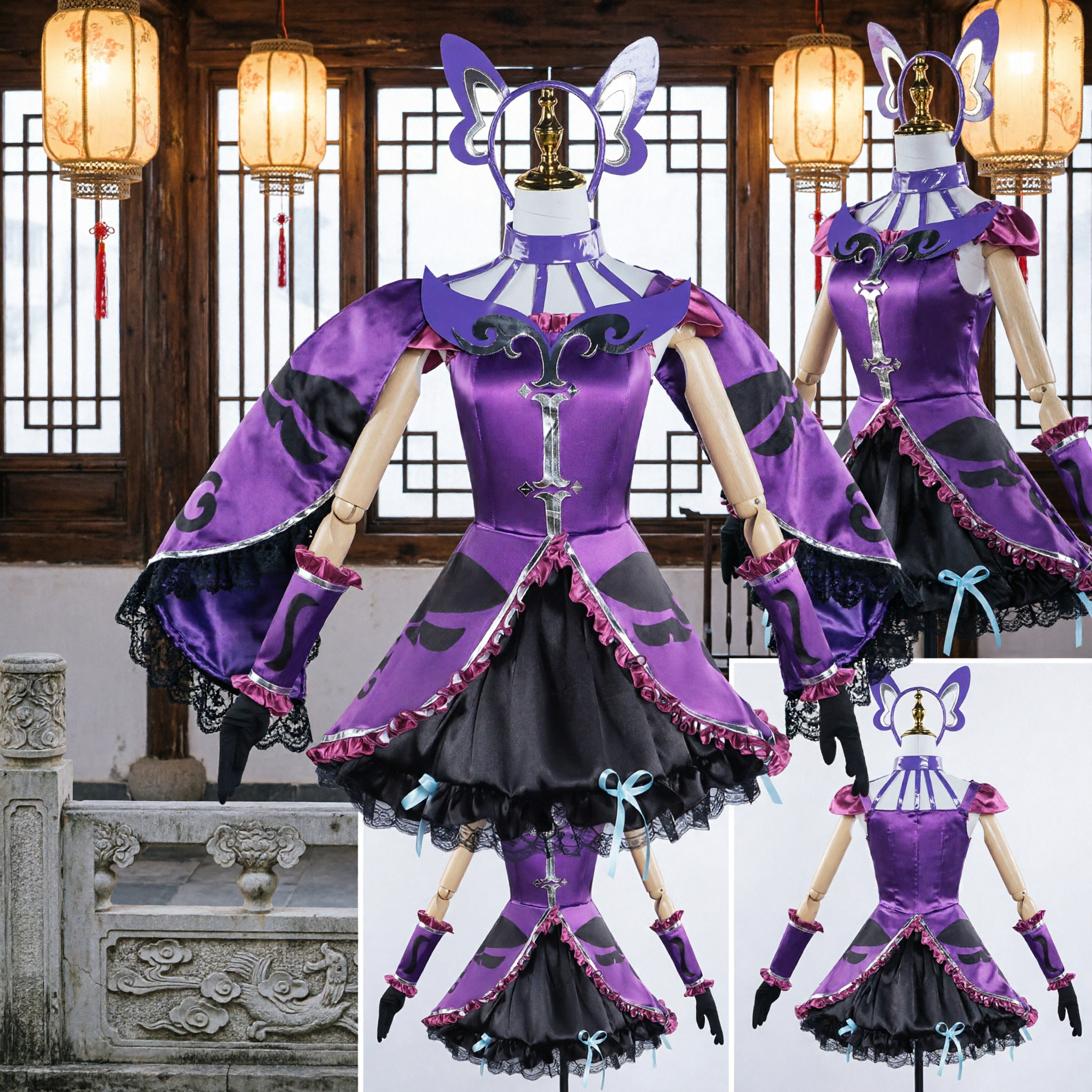 Purple Magical Girl Anime Cosplay Costume Dress with Cat Ears Headband for Kids Girls Halloween Party - Asian Costume