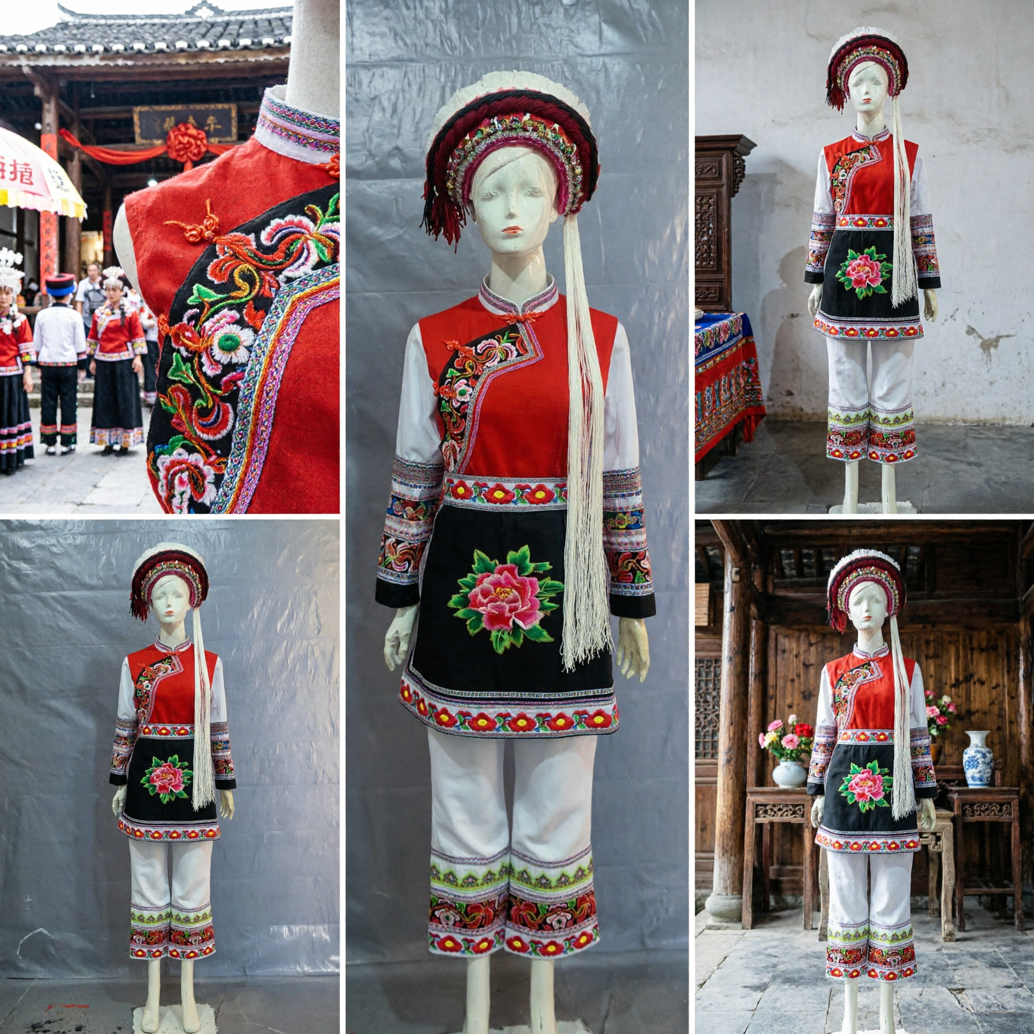 Traditional Chinese Bai Minority Ethnic Costume Women's Folk Dance Stage Performance Outfit with Embroidered Vest and Hat - Asian Costume