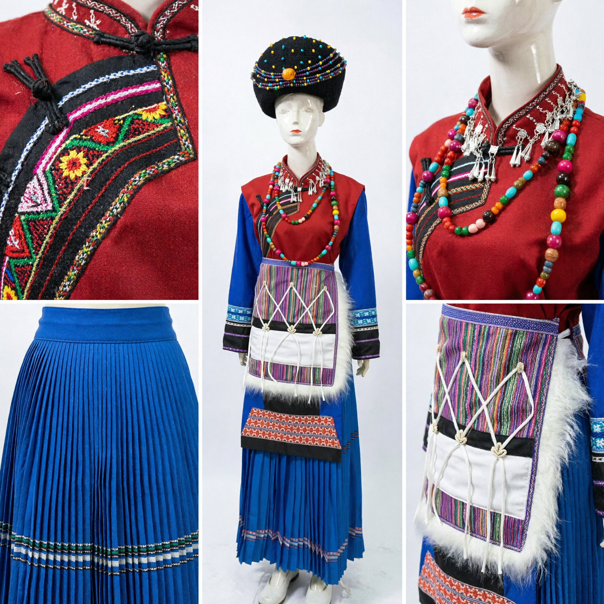 Traditional Chinese Ethnic Minority Costume Women's Folk Dance Outfit Complete Set with Beaded Hat and Apron - Asian Costume