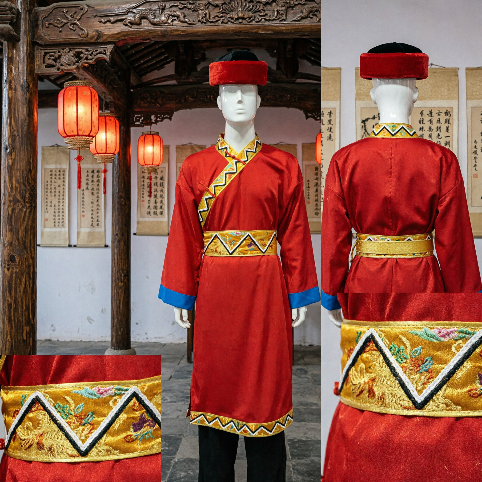 Chinese Traditional Mongolian Ethnic Red Robe Costume Men Folk Dance Performance Outfit with Matching Hat - Asian Costume