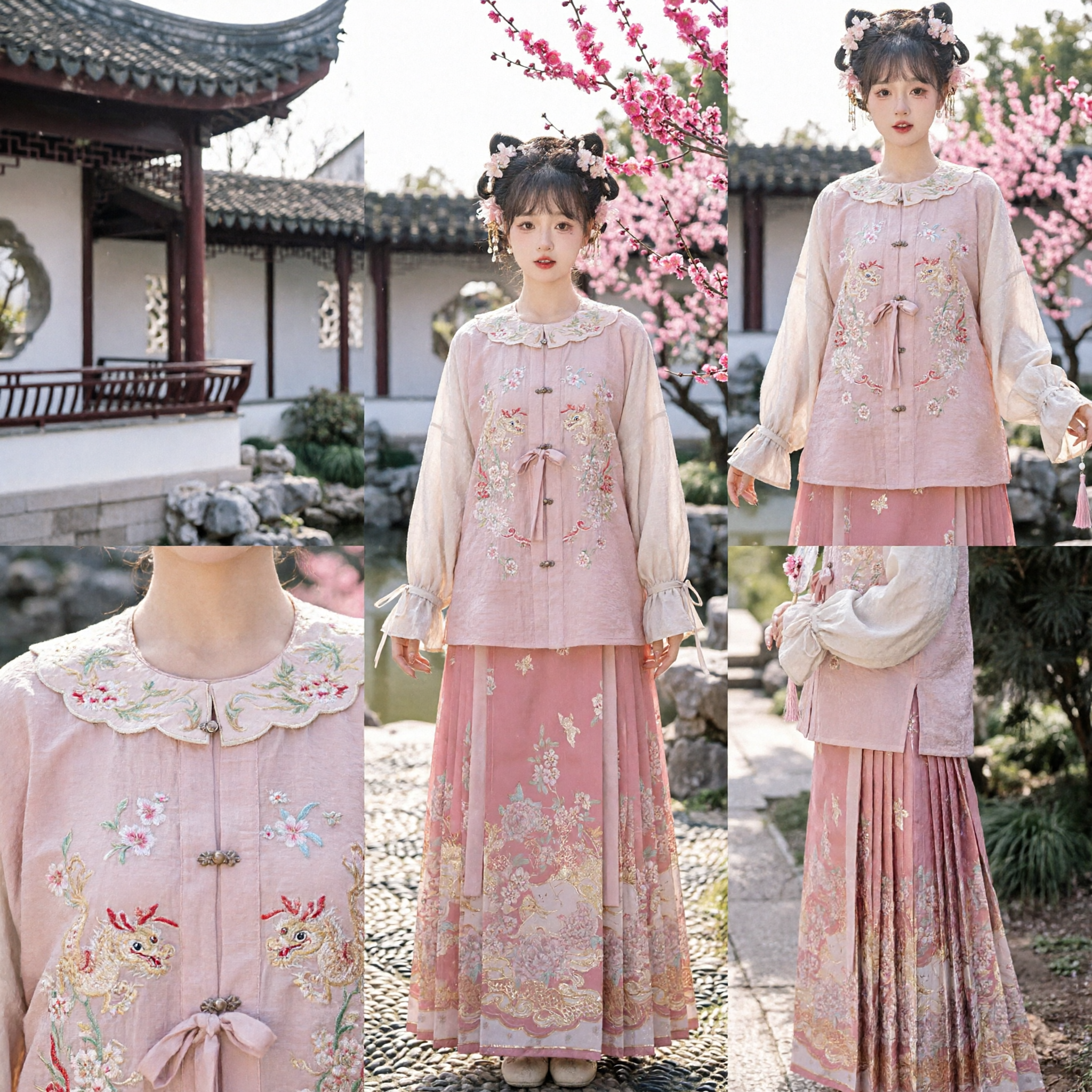 Pink Floral Embroidery Hanfu Set Traditional Chinese Ming Dynasty Costume for Women Spring Festival - Asian Costume