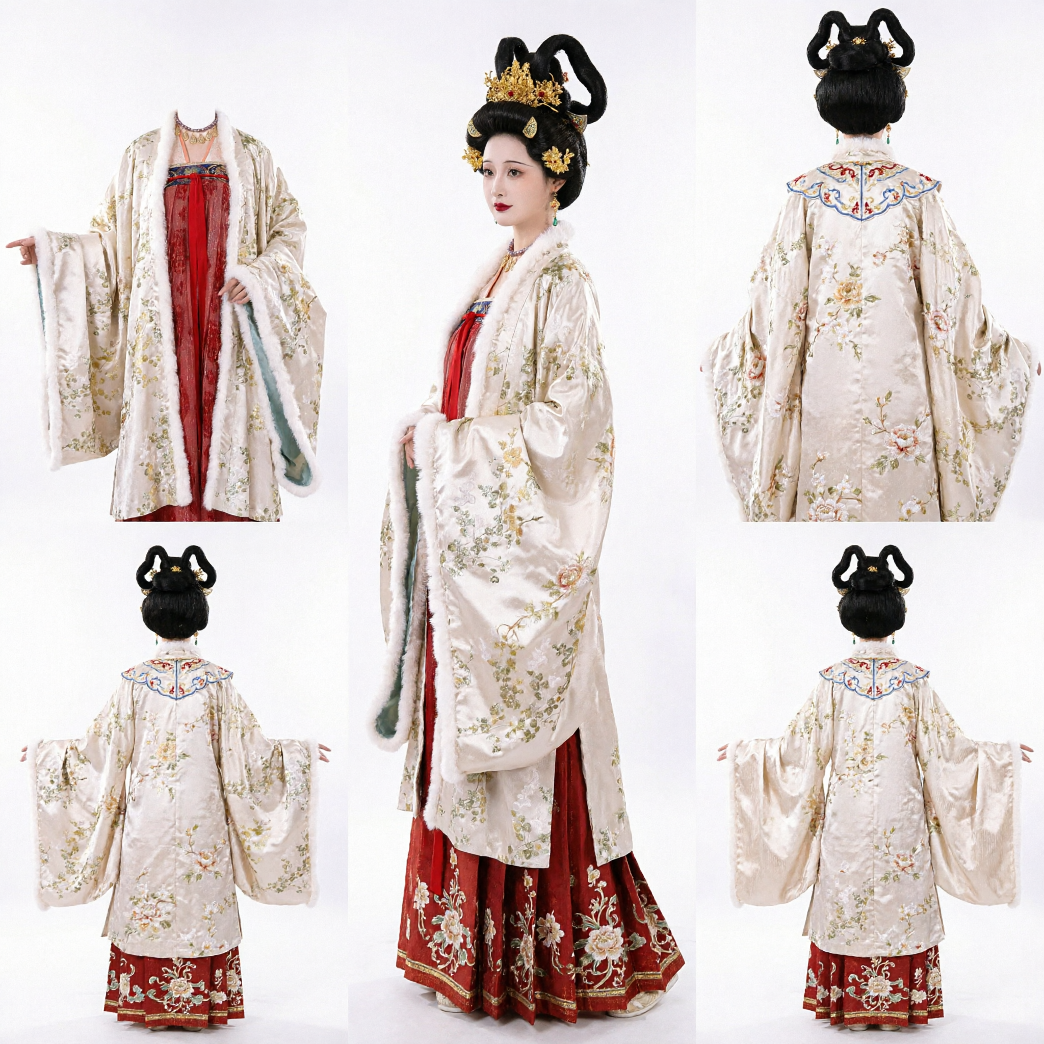 Traditional Chinese Tang Dynasty Hanfu Costume Imperial Palace Lady Winter Fur Trim Red Dress Ensemble for Women - Asian Costume