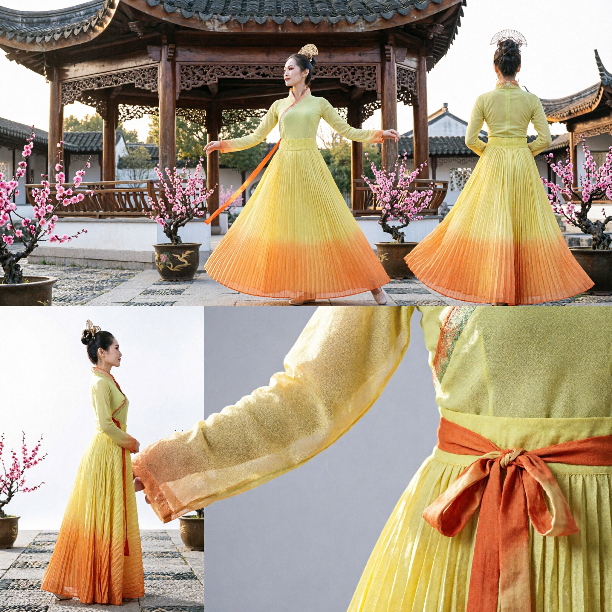 Elegant Yellow Gradient Chinese Classical Dance Costume Traditional Hanfu Dress for Women Performance - Asian Costume