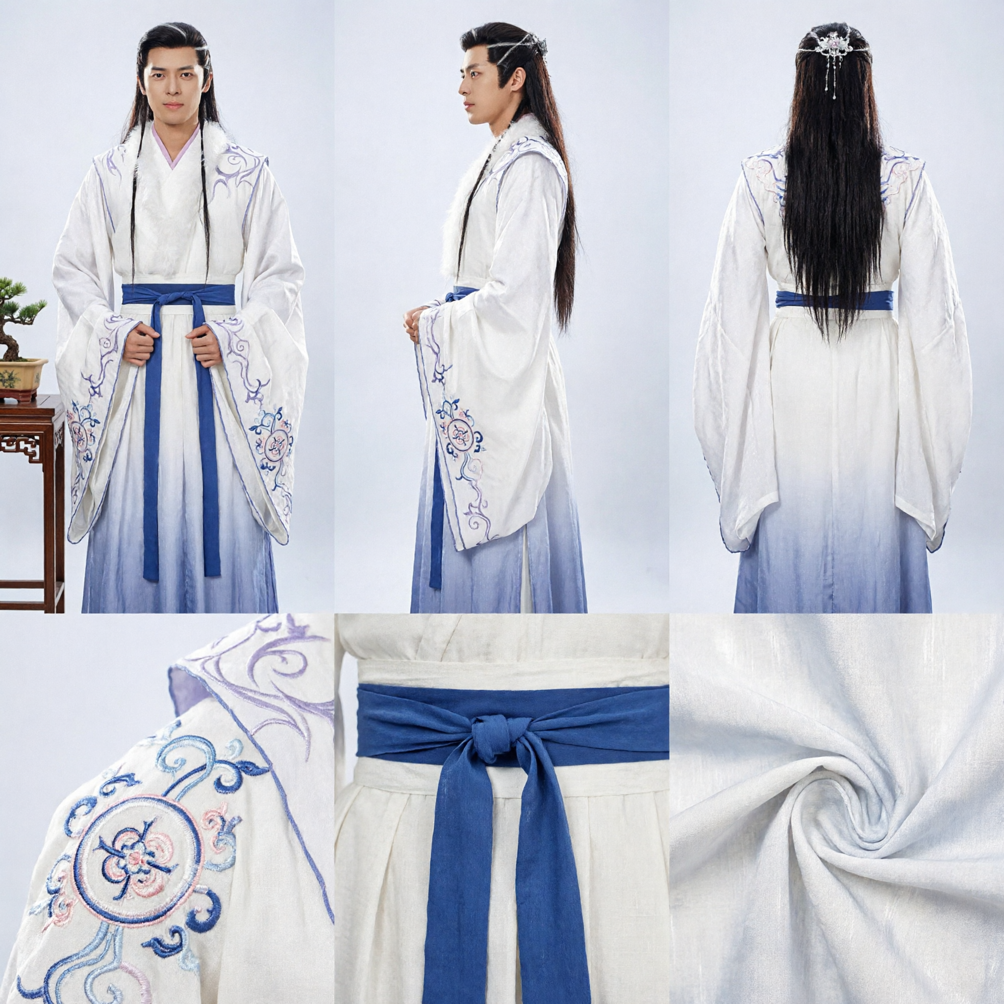 Men's Ancient Chinese Hanfu Costume White Swordsman Robe with Embroidery for Wuxia Cosplay and Historical Performance - Asian Costume