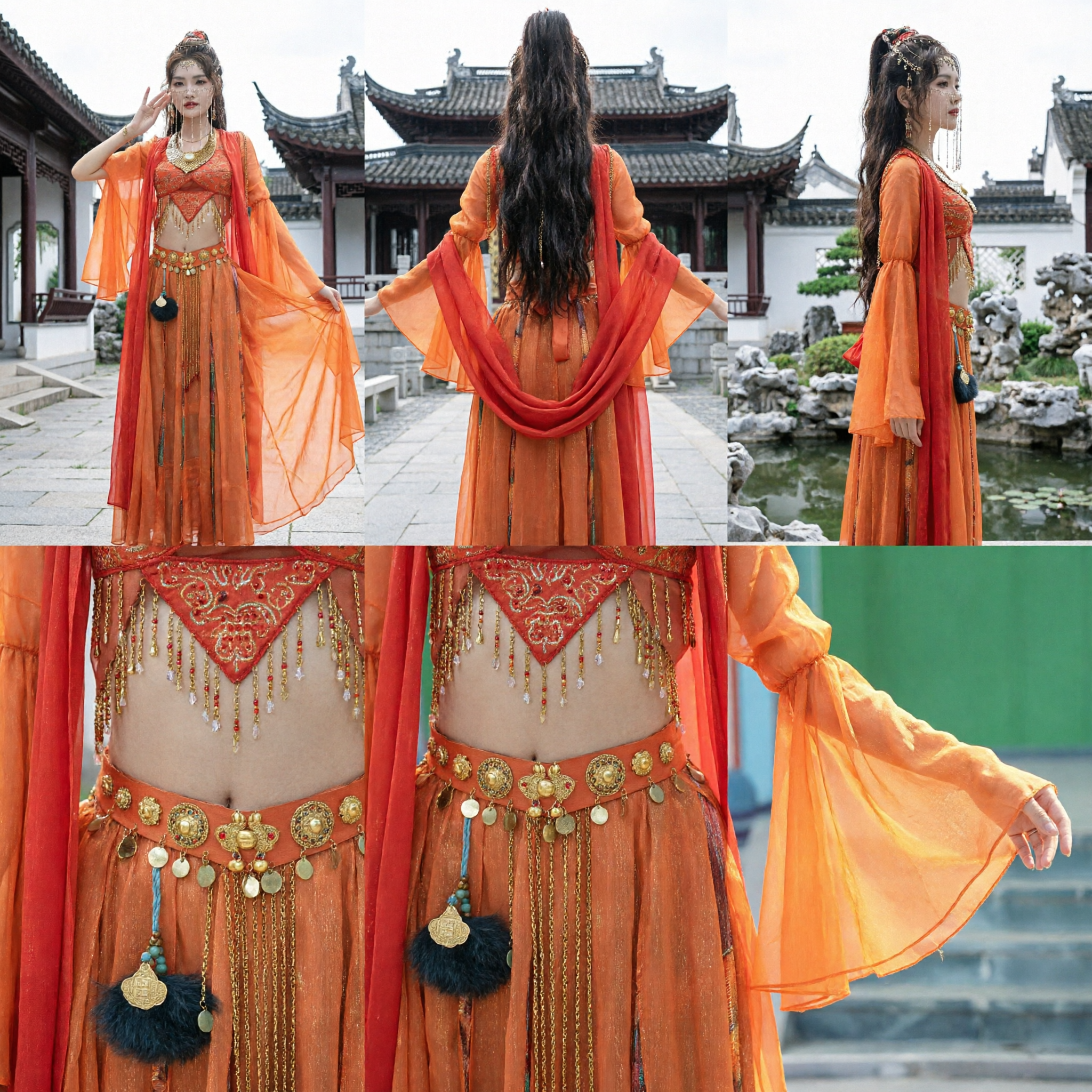 Traditional Chinese Dunhuang Dancer Costume Orange Hanfu Set with Jewelry for Women Stage Performance - Asian Costume