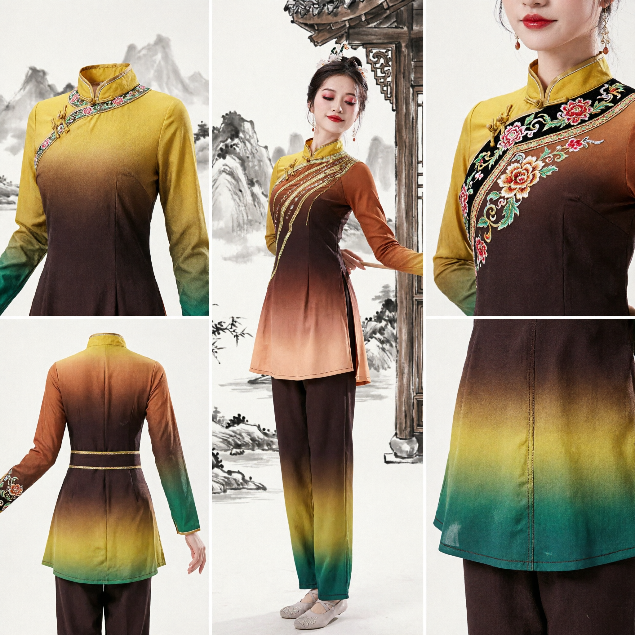 Elegant Women's Gradient Chinese Classical Dance Costume Traditional Folk Umbrella Performance Stage Wear - Asian Costume