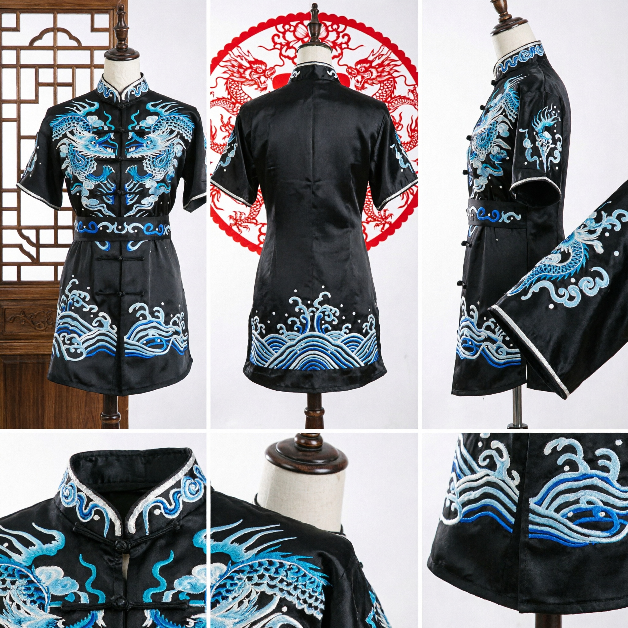 Men's Black Kung Fu Uniform Blue Dragon Embroidery Traditional Martial Arts Wushu Tai Chi Costume Set - Asian Costume