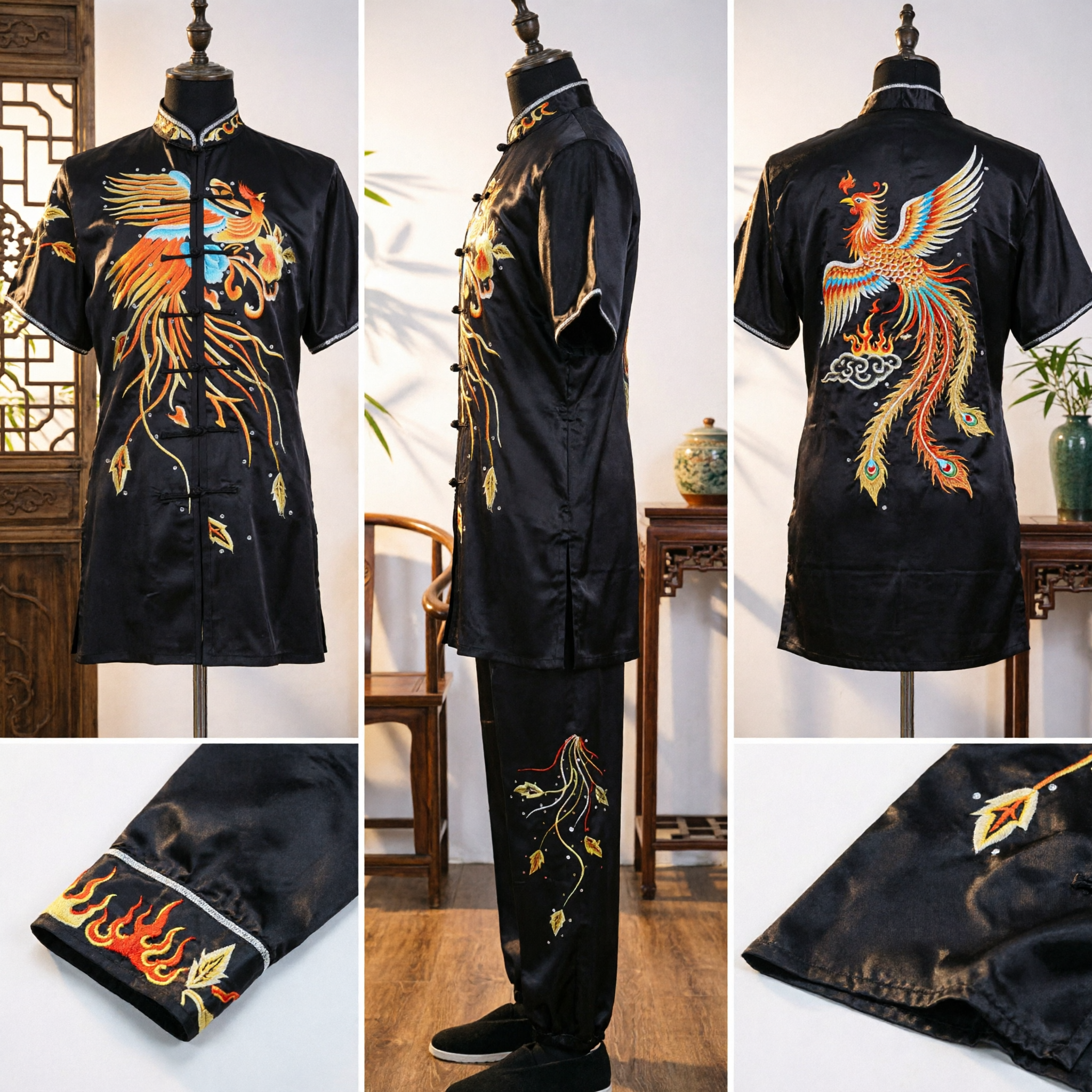 Traditional Chinese Black Phoenix Embroidery Kung Fu Uniform Men's Tai Chi Martial Arts Performance Costume - Asian Costume