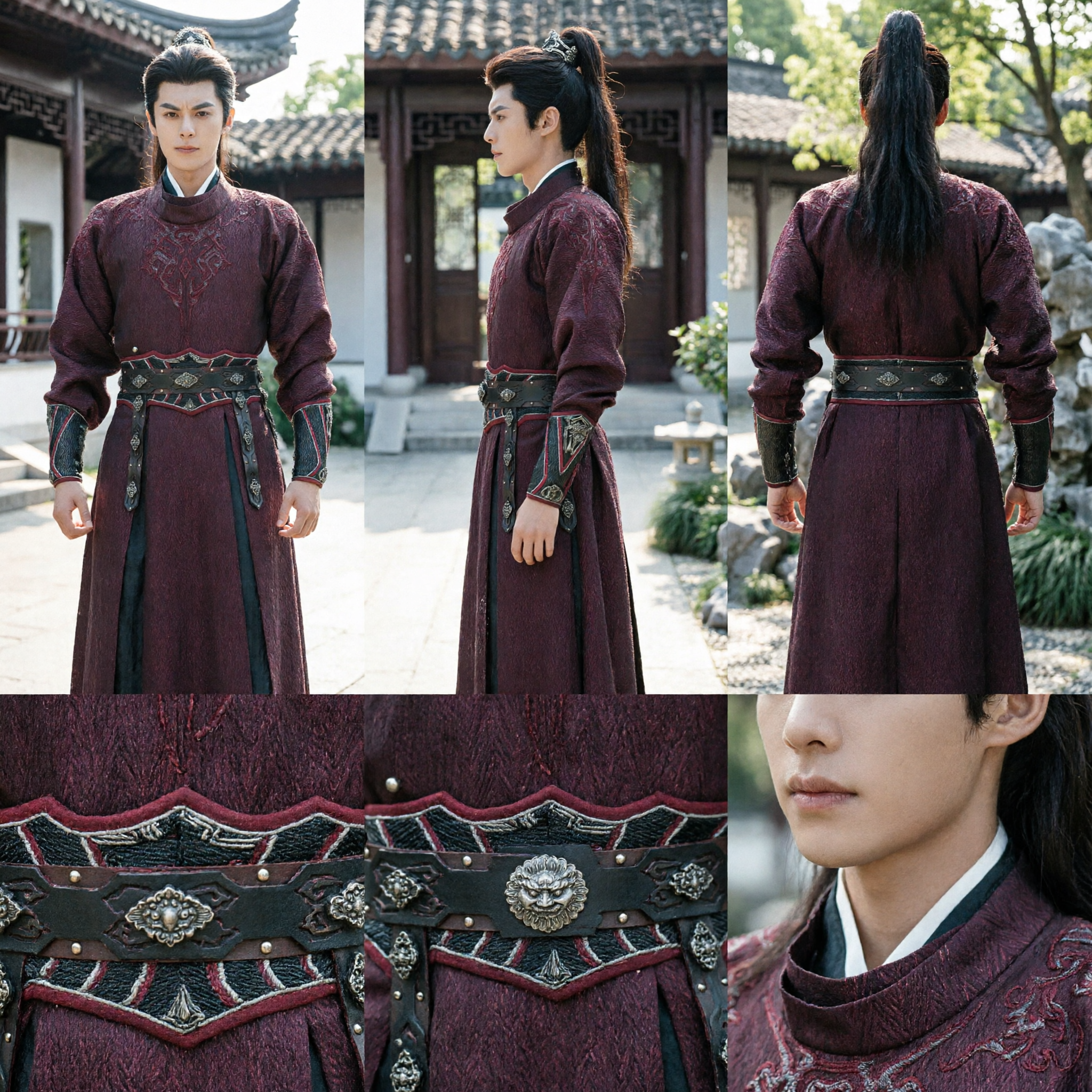 Men's Burgundy Wuxia Swordsman Hanfu Costume Ancient Chinese Knight Warrior Embroidered Robe for Cosplay - Asian Costume