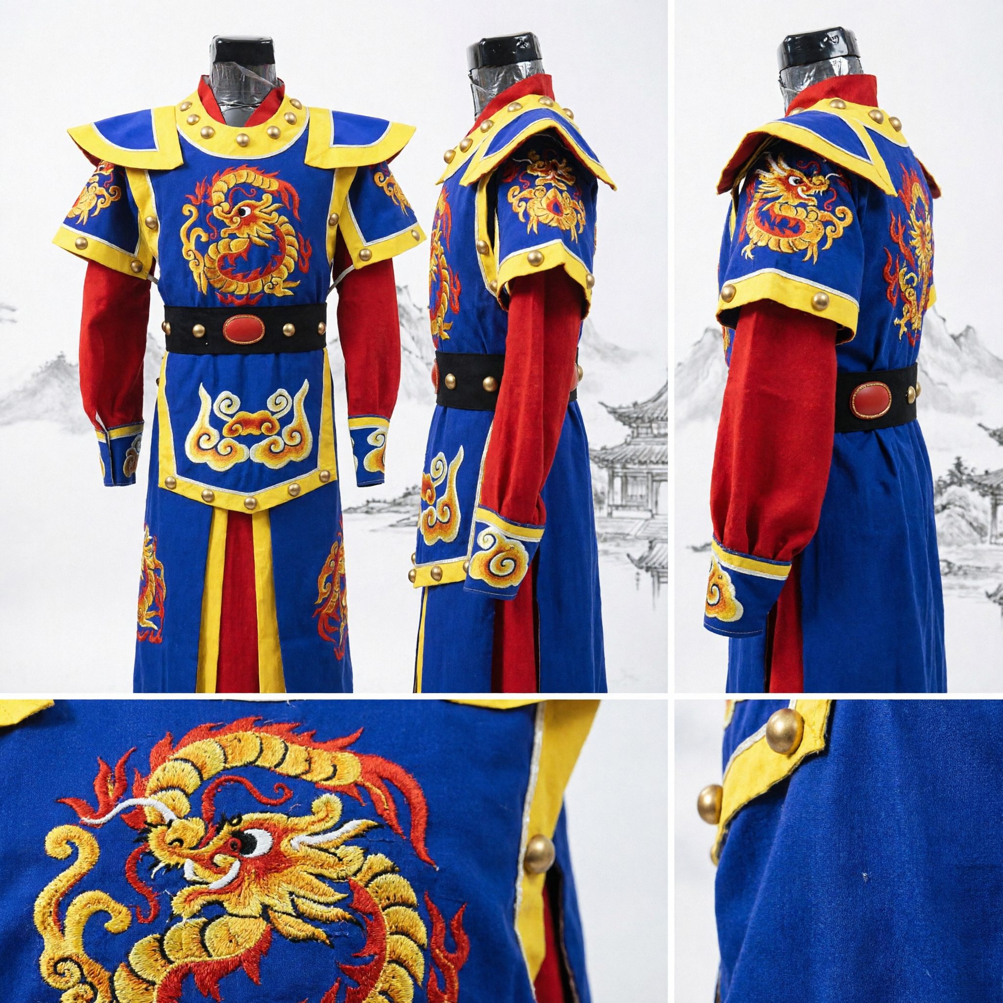 Traditional Chinese Ancient General Armor Blue Dragon Embroidery Costume for Men Stage Performance Cosplay - Asian Costume